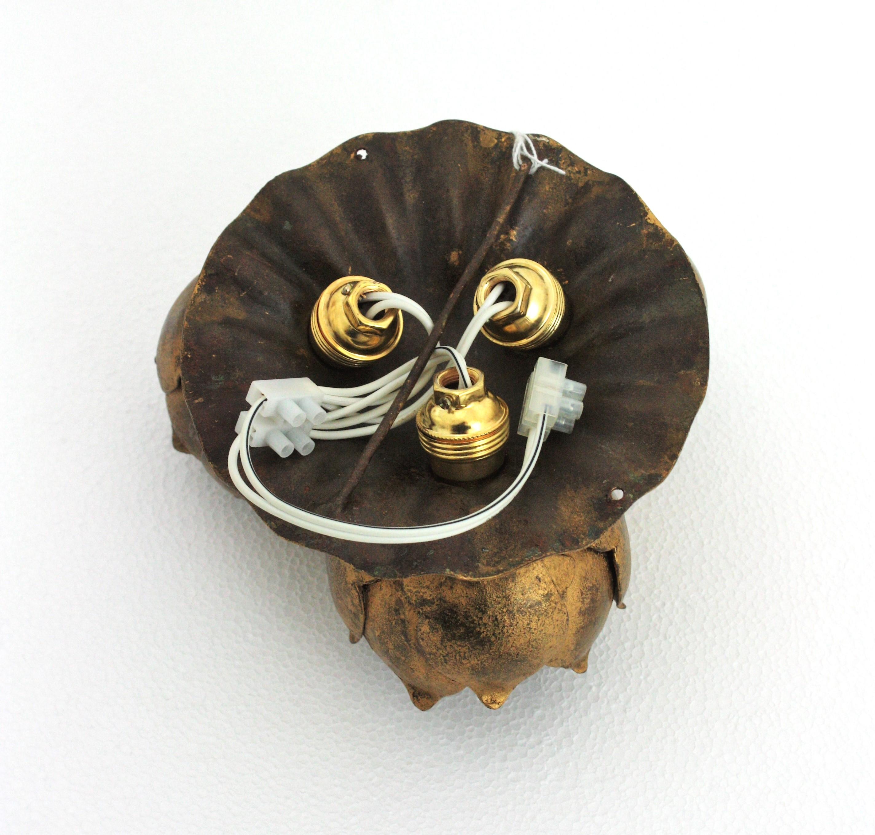 French Floral Flower Bouquet Ceiling Light Fixture in Gilt Iron 11