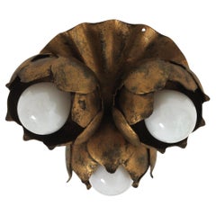 French Floral Flower Bouquet Ceiling Light Fixture in Gilt Iron
