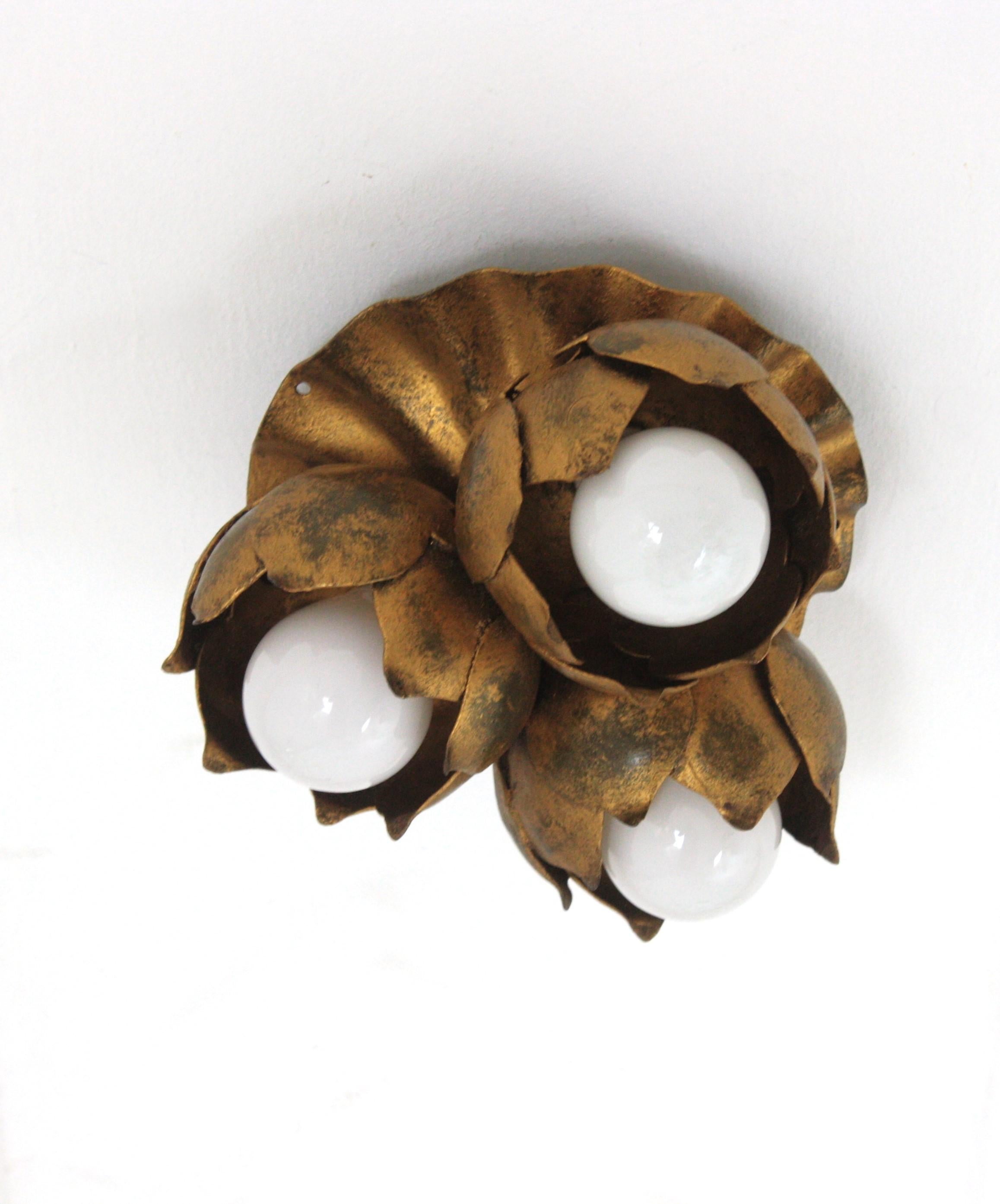 Hollywood Regency French Floral Flower Bouquet Ceiling Light Fixture in Gilt Iron