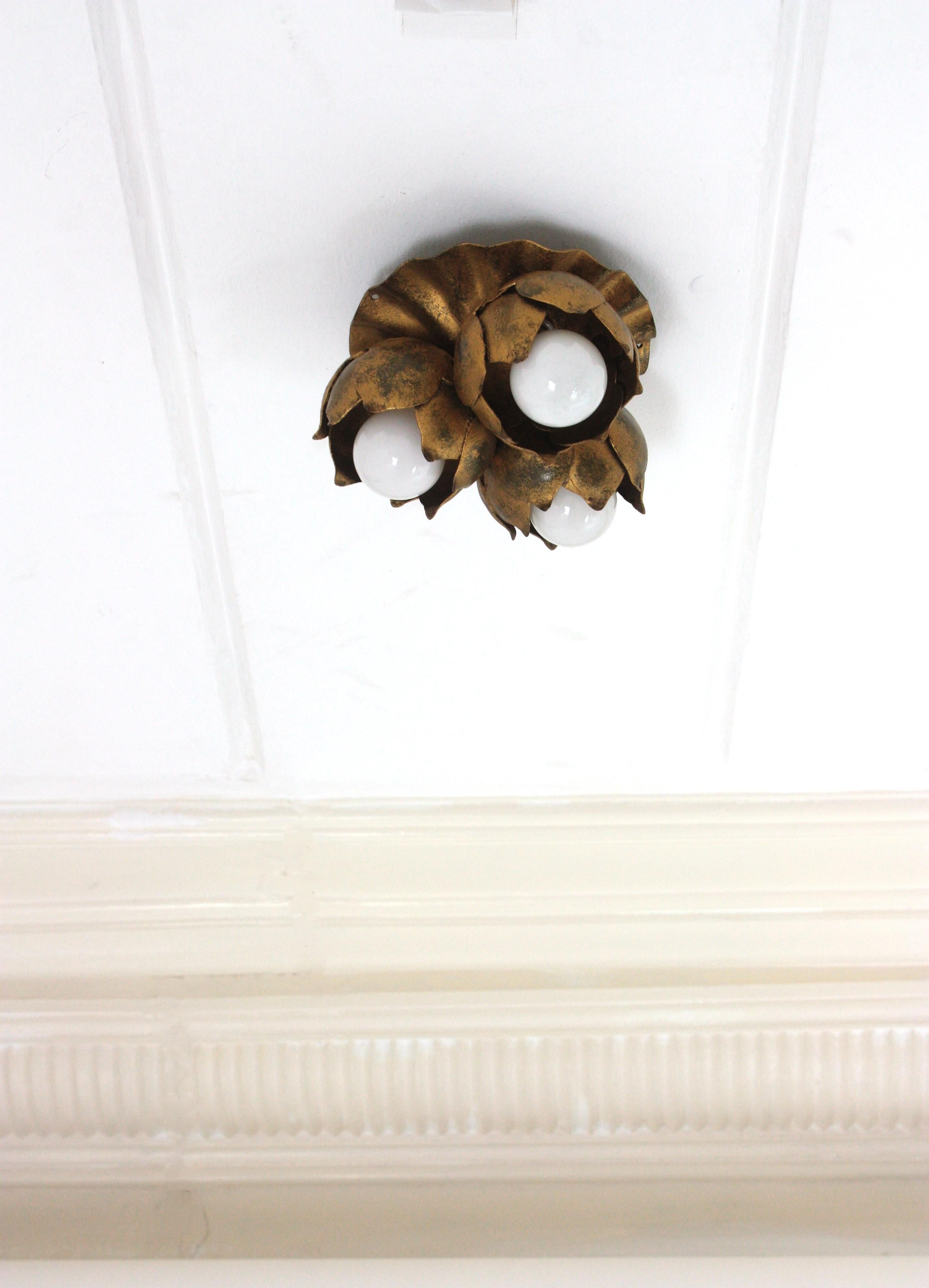 Hand-Crafted French Floral Flower Bouquet Ceiling Light Fixture in Gilt Iron
