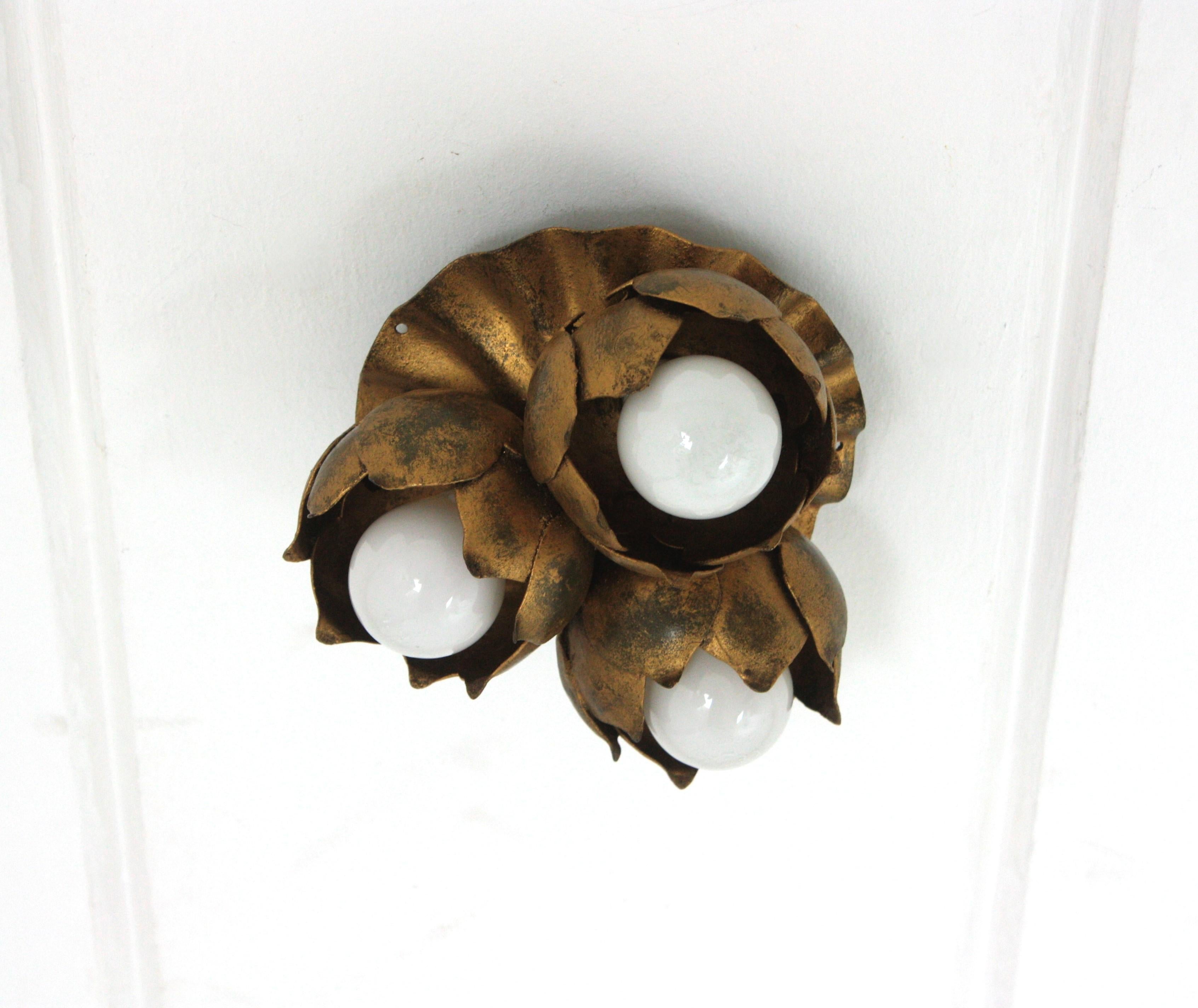 20th Century French Floral Flower Bouquet Ceiling Light Fixture in Gilt Iron