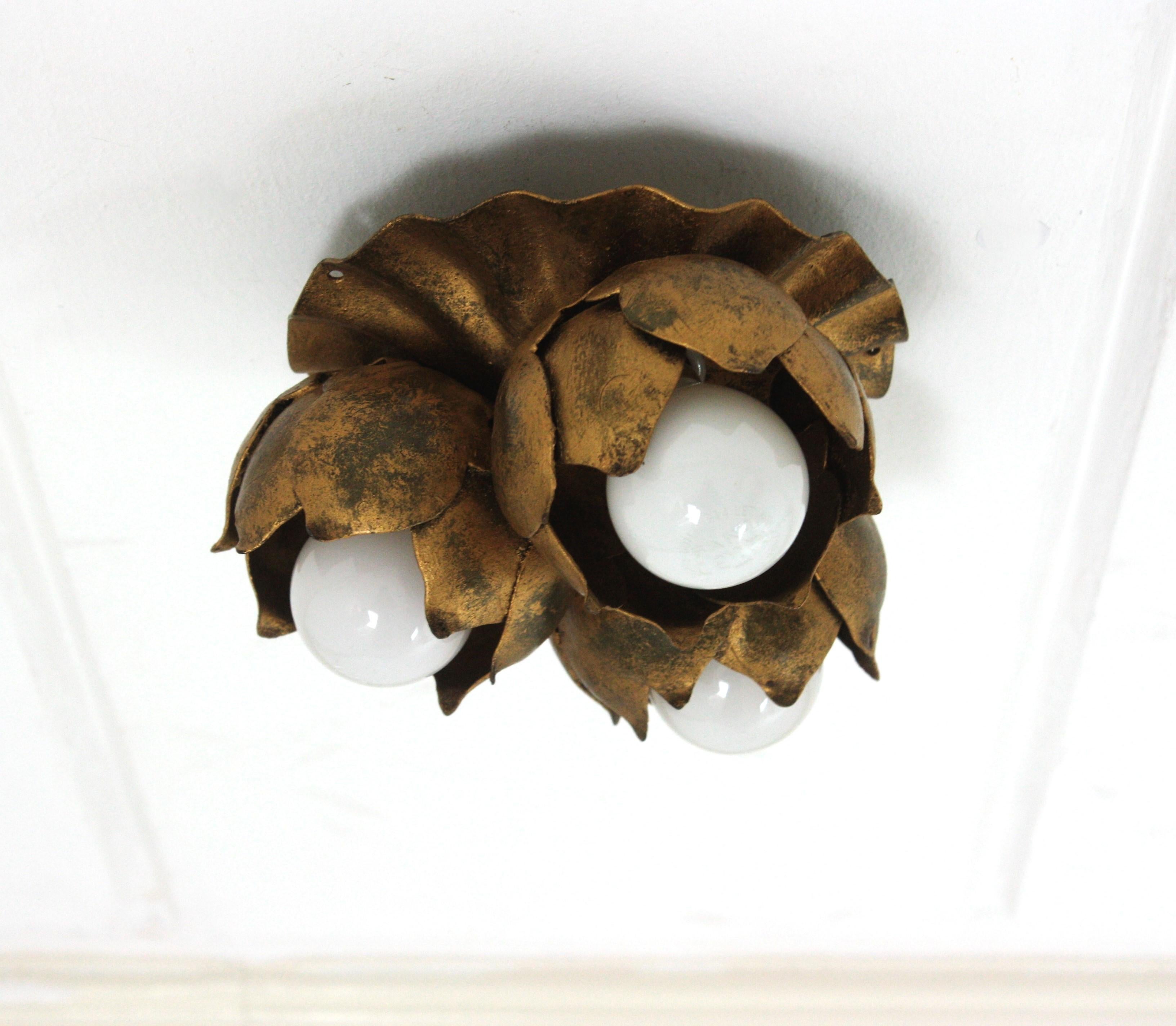 French Floral Flower Bouquet Ceiling Light Fixture in Gilt Iron 1