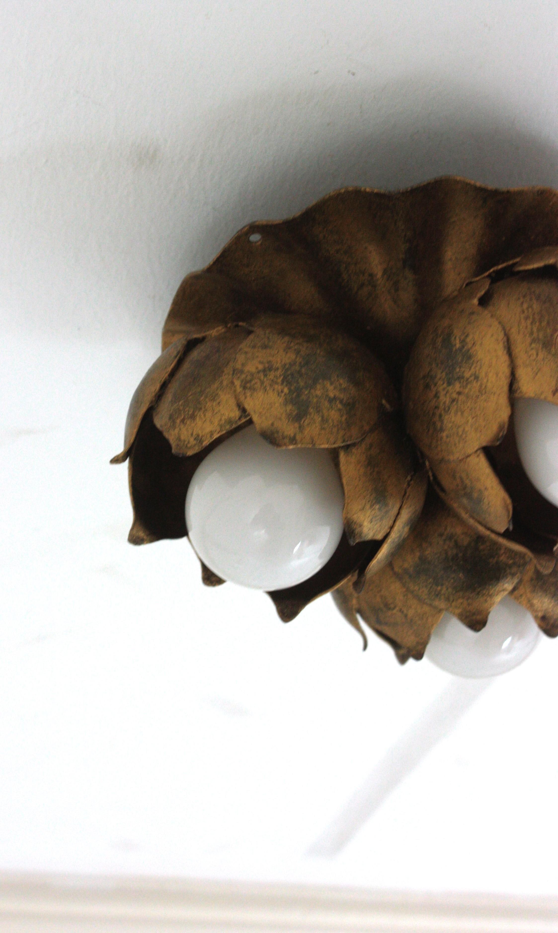 French Floral Flower Bouquet Ceiling Light Fixture in Gilt Iron 2