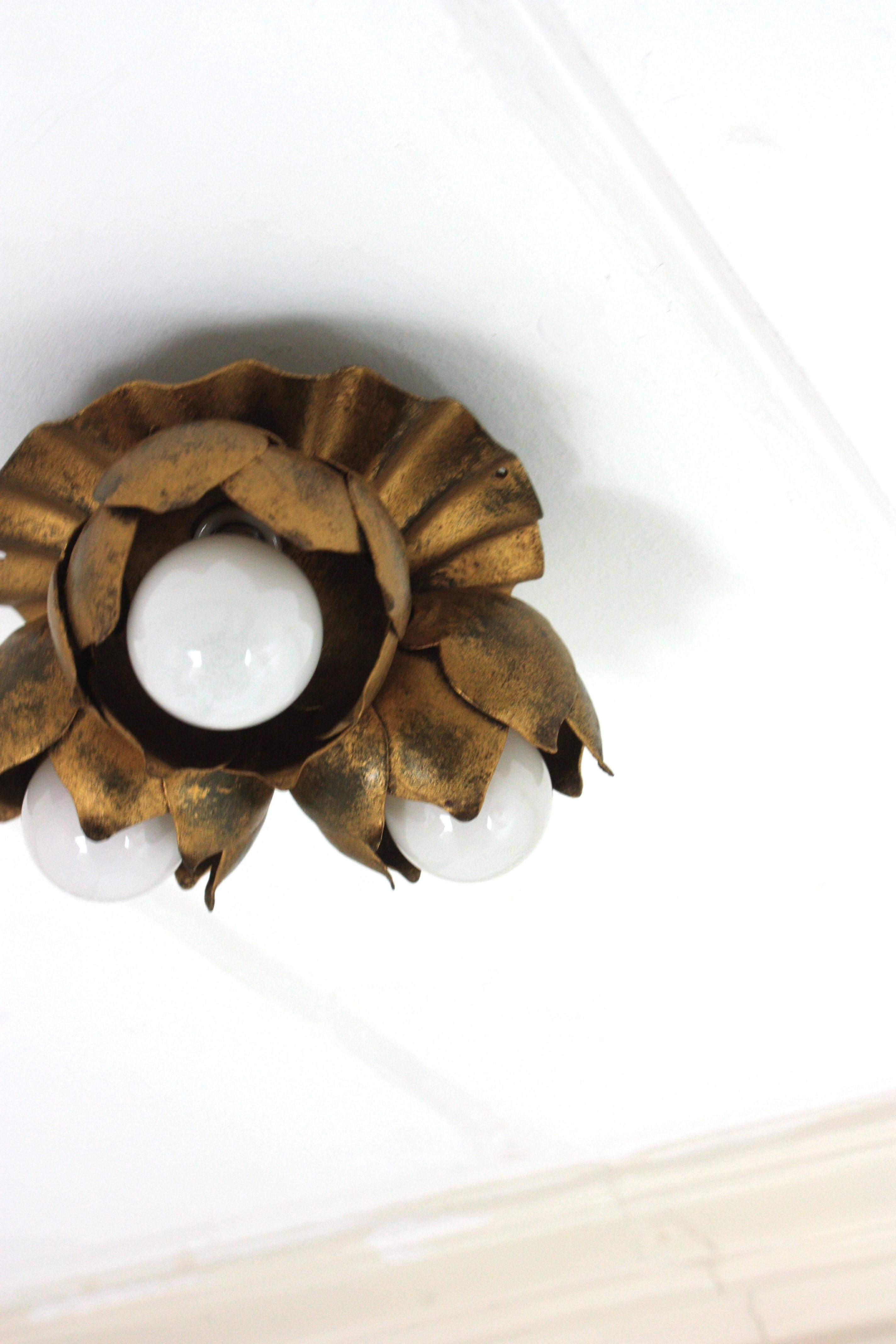 French Floral Flower Bouquet Ceiling Light Fixture in Gilt Iron 3