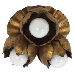 French Floral Flower Bouquet Ceiling Light Fixture in Gilt Iron