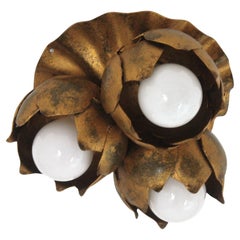 French Floral Flower Bouquet Ceiling Light Fixture in Gilt Iron