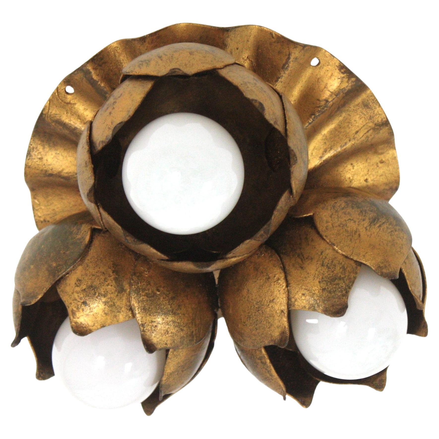 French Floral Flower Bouquet Ceiling Light Fixture in Gilt Iron