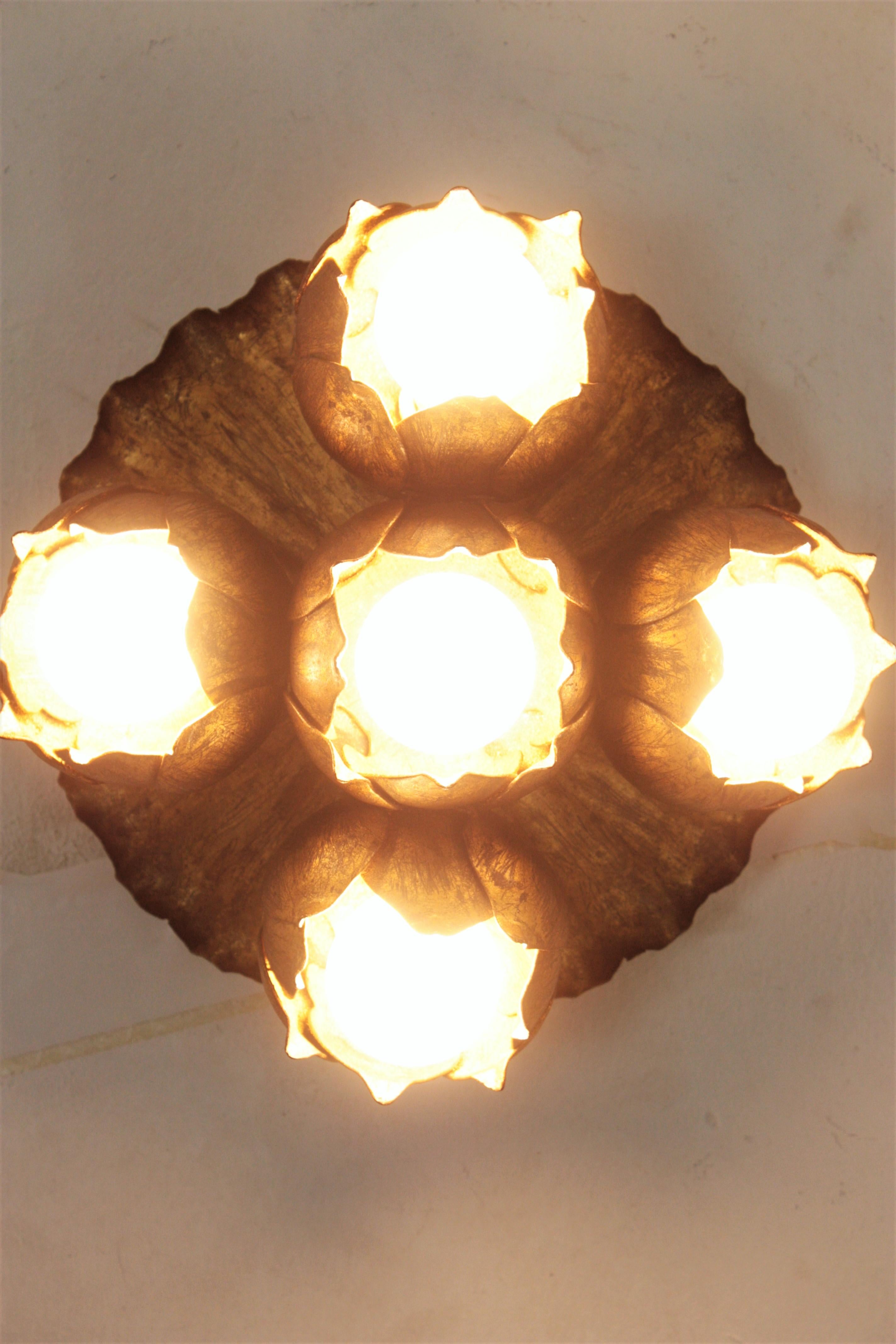 French Floral Flower Bouquet Light Fixture in Gilt Iron, Five Lights 5