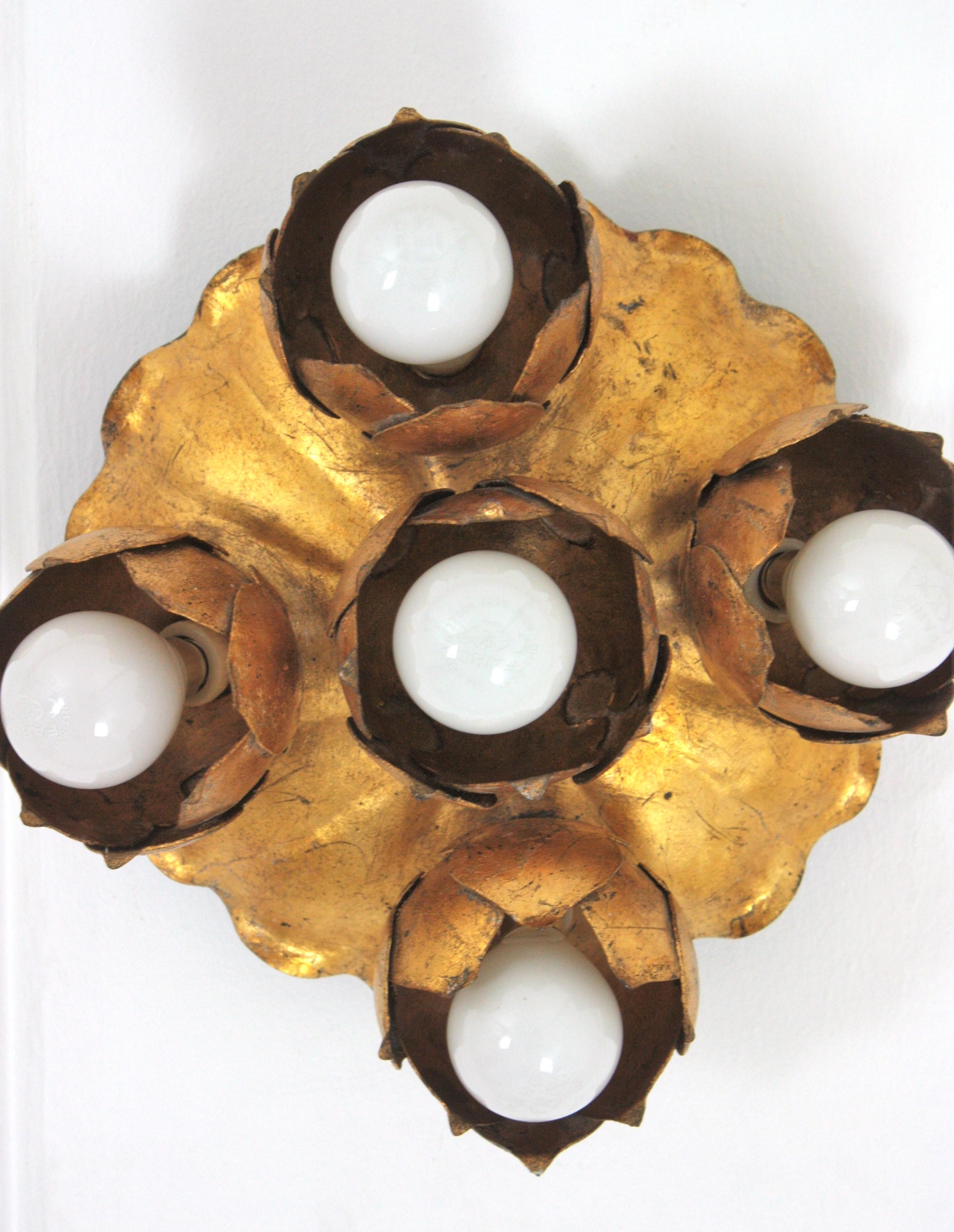French Floral Flower Bouquet Light Fixture in Gilt Iron, Five Lights For Sale 8