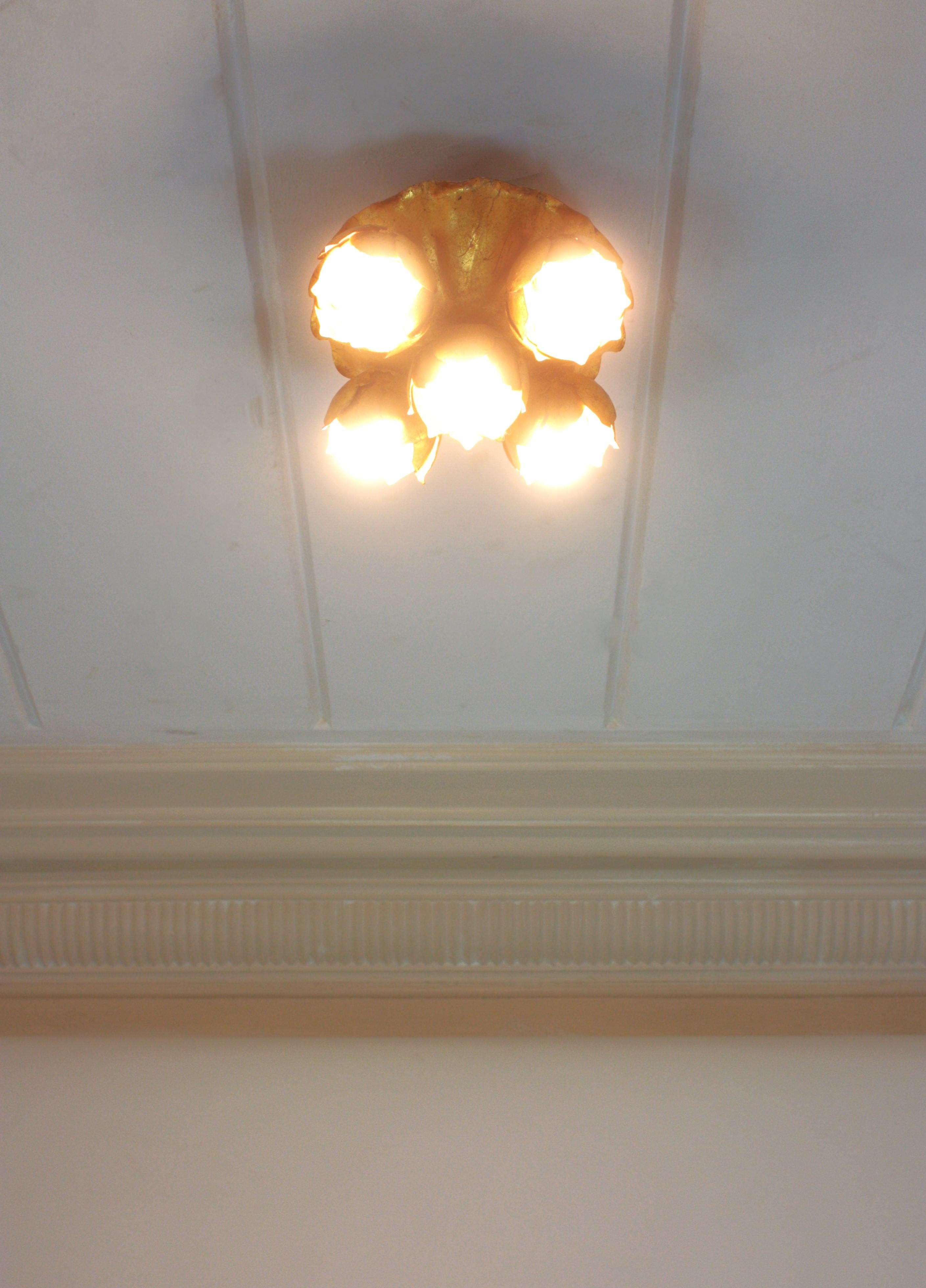 French Floral Flower Bouquet Light Fixture in Gilt Iron, Five Lights For Sale 9
