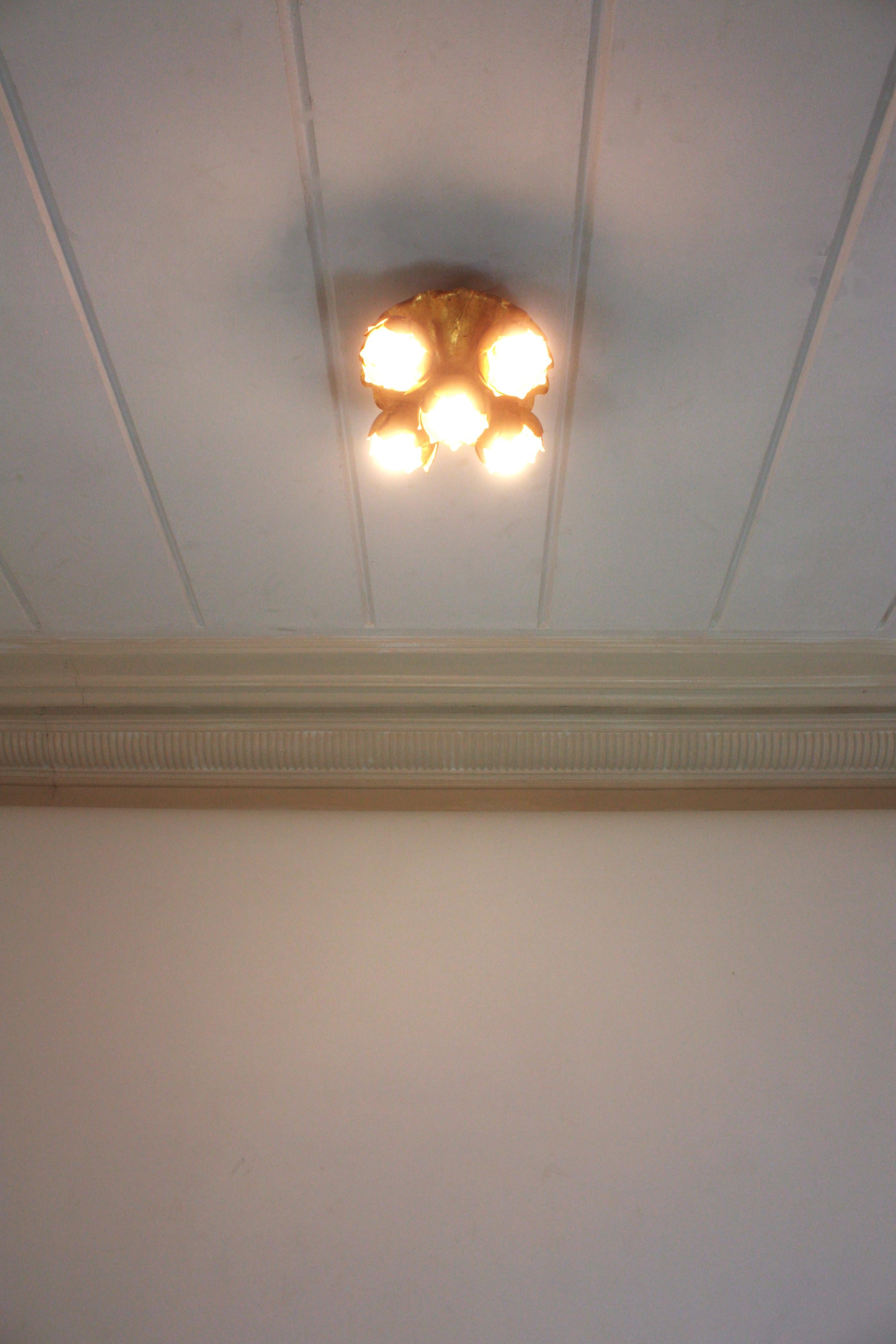 French Floral Flower Bouquet Light Fixture in Gilt Iron, Five Lights For Sale 10