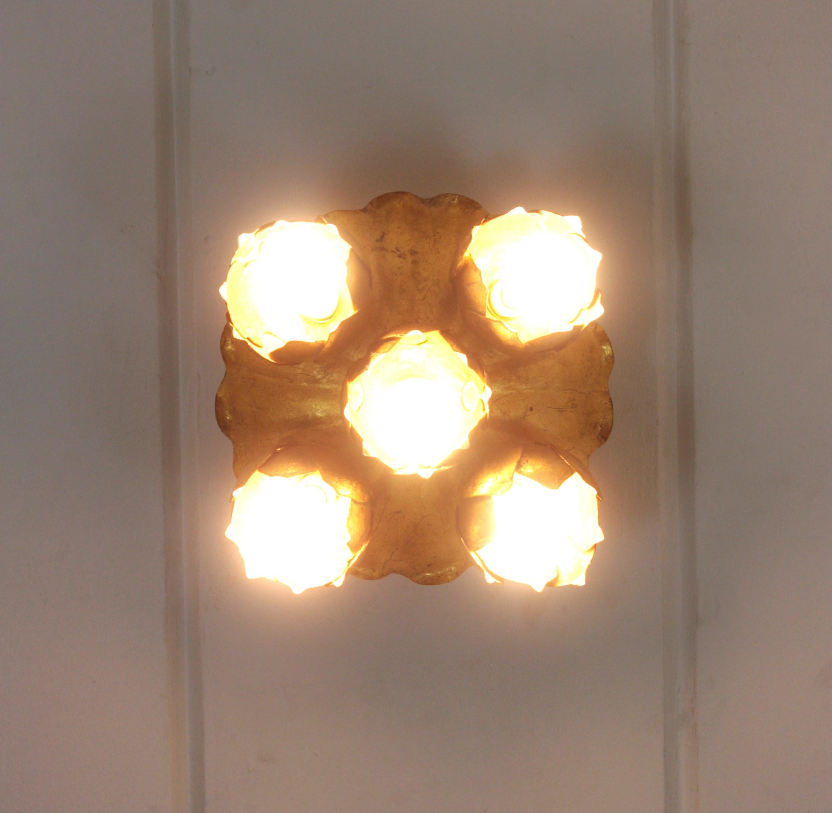French Floral Flower Bouquet Light Fixture in Gilt Iron, Five Lights For Sale 11