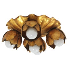 French Floral Flower Bouquet Light Fixture in Gilt Iron with Five Lights, 1940s
