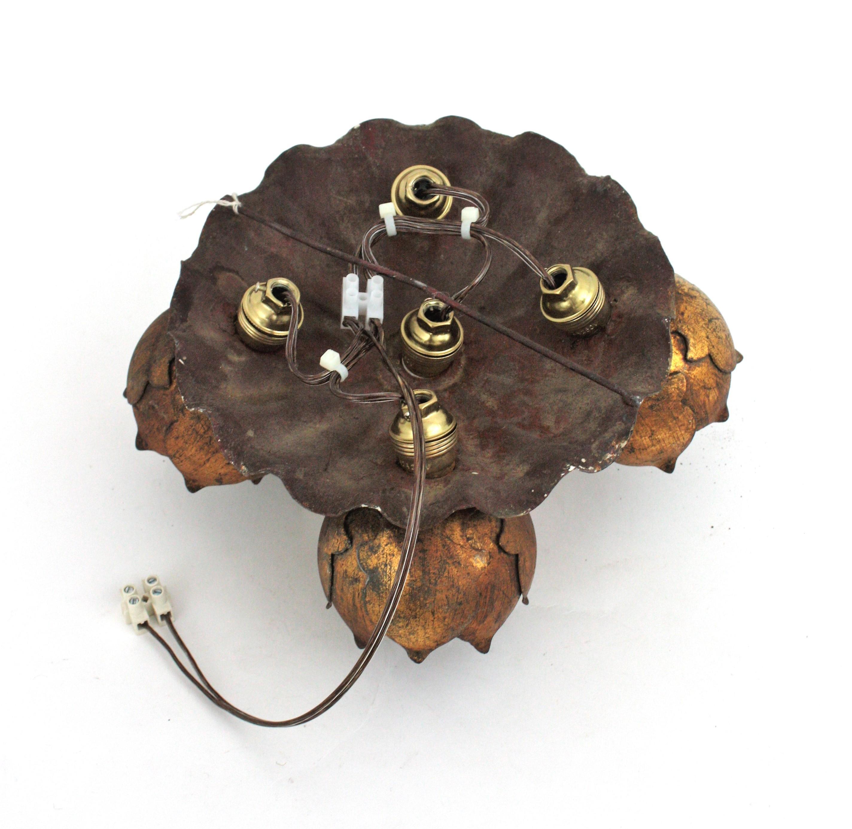 French Floral Flower Bouquet Light Fixture in Gilt Iron, Five Lights  13