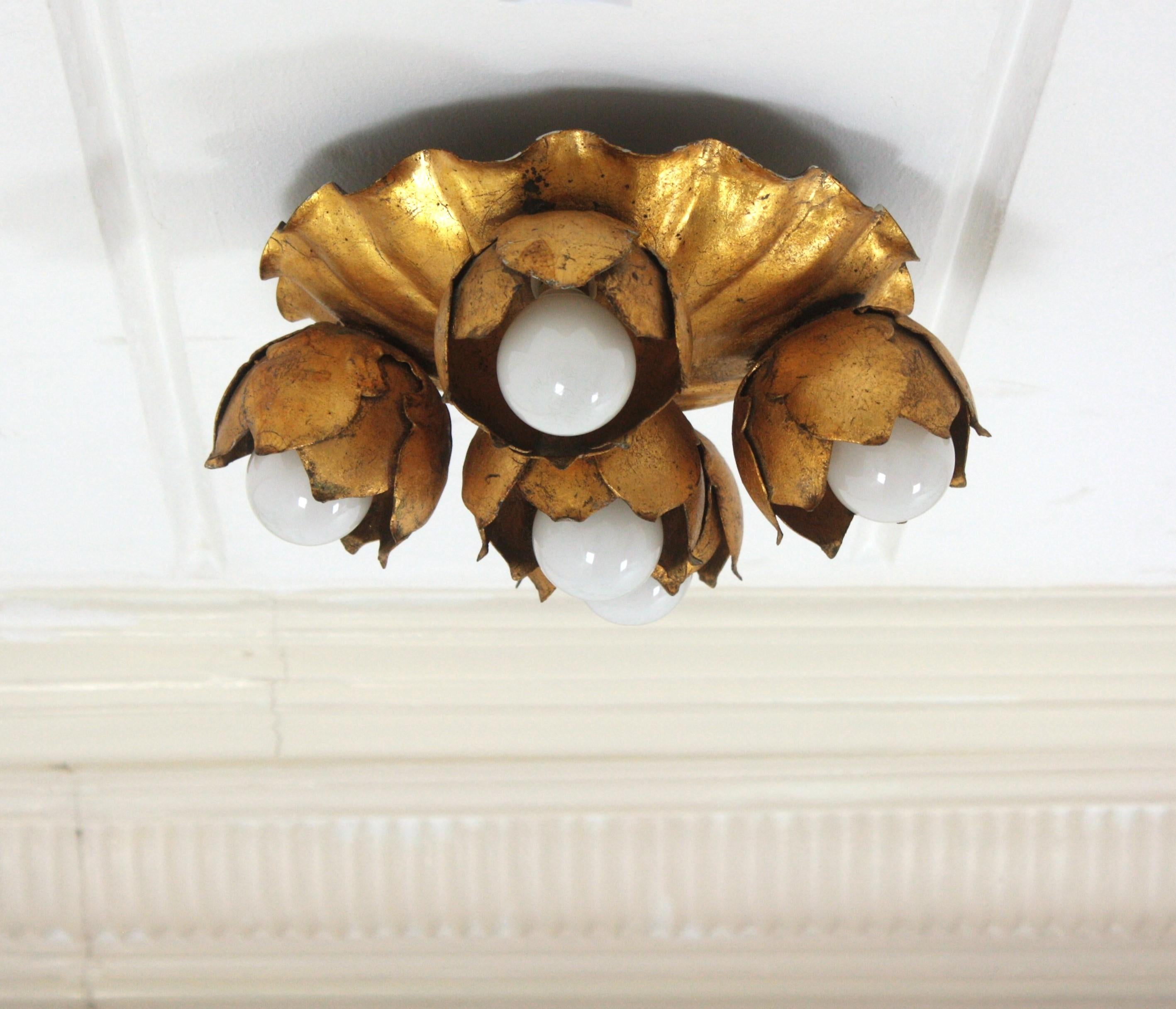 French Floral Flower Bouquet Light Fixture in Gilt Iron, Five Lights For Sale 14