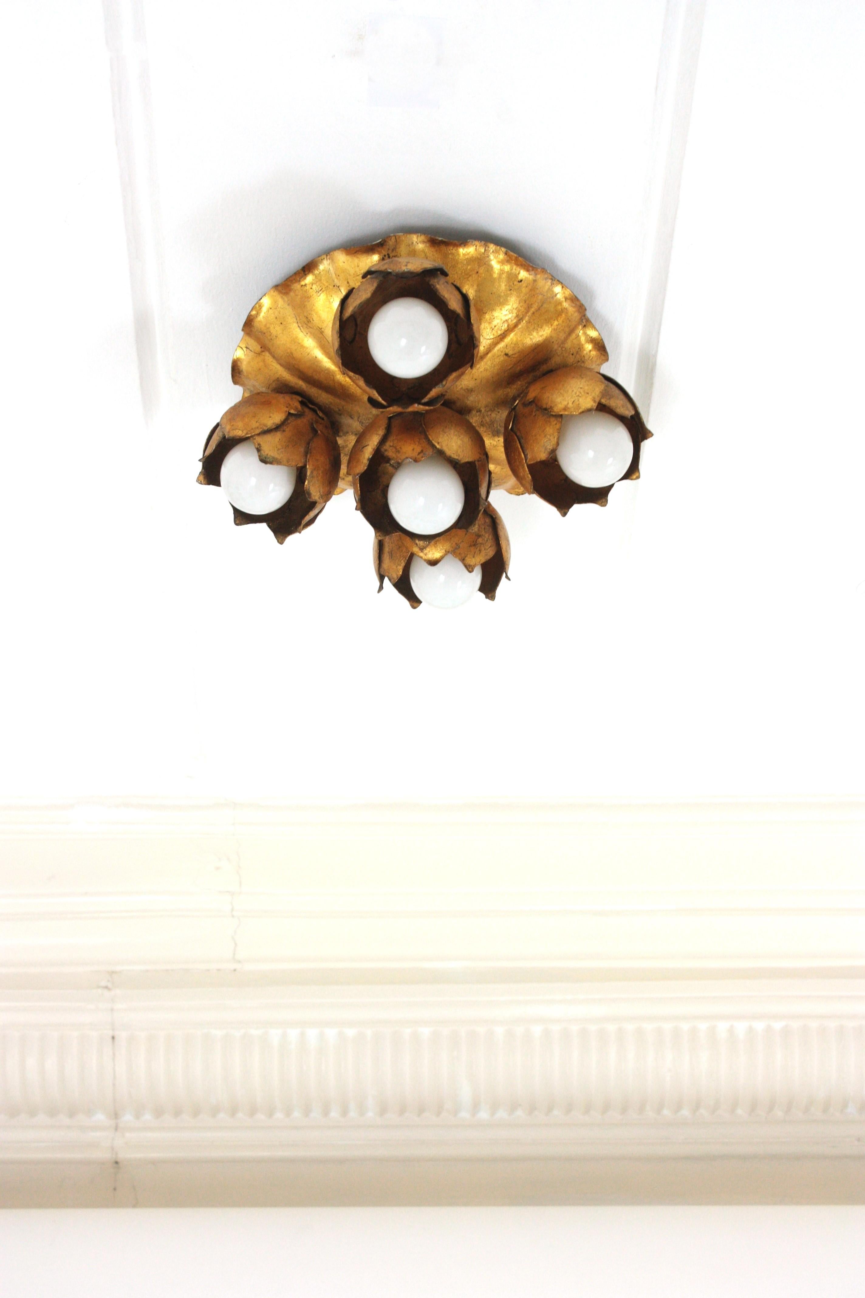 Hollywood Regency French Floral Flower Bouquet Light Fixture in Gilt Iron, Five Lights For Sale