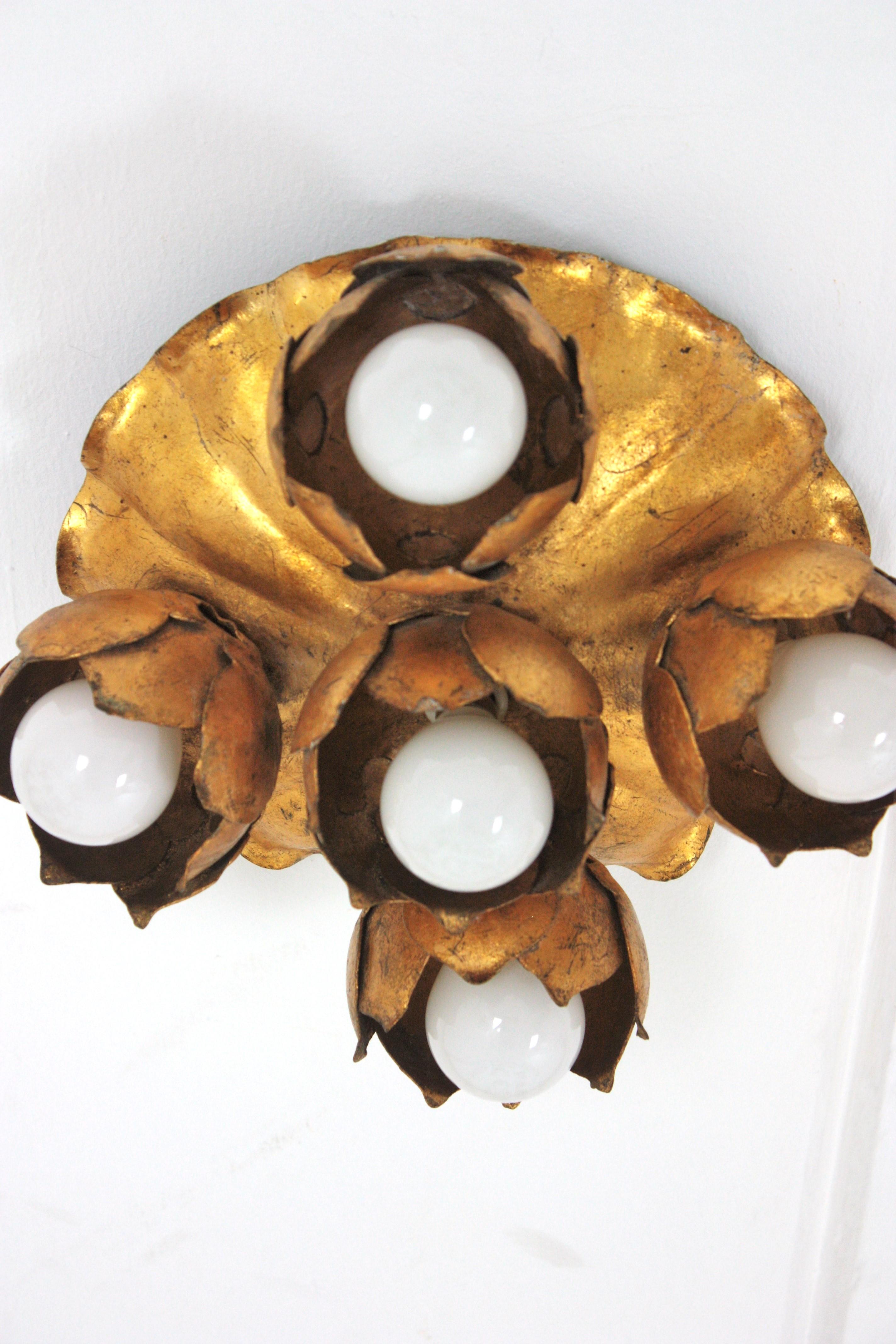 20th Century French Floral Flower Bouquet Light Fixture in Gilt Iron, Five Lights For Sale