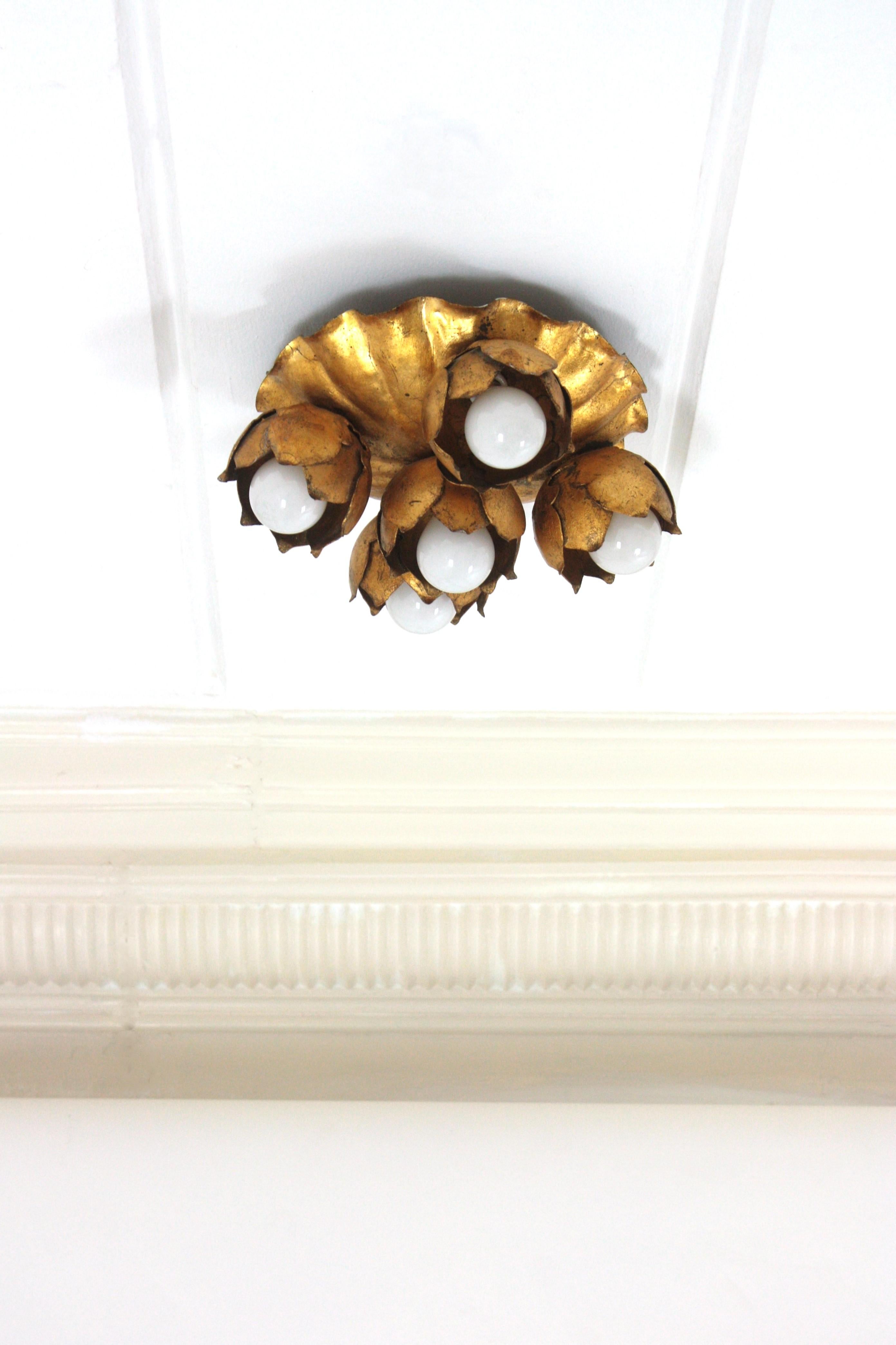 Metal French Floral Flower Bouquet Light Fixture in Gilt Iron, Five Lights For Sale