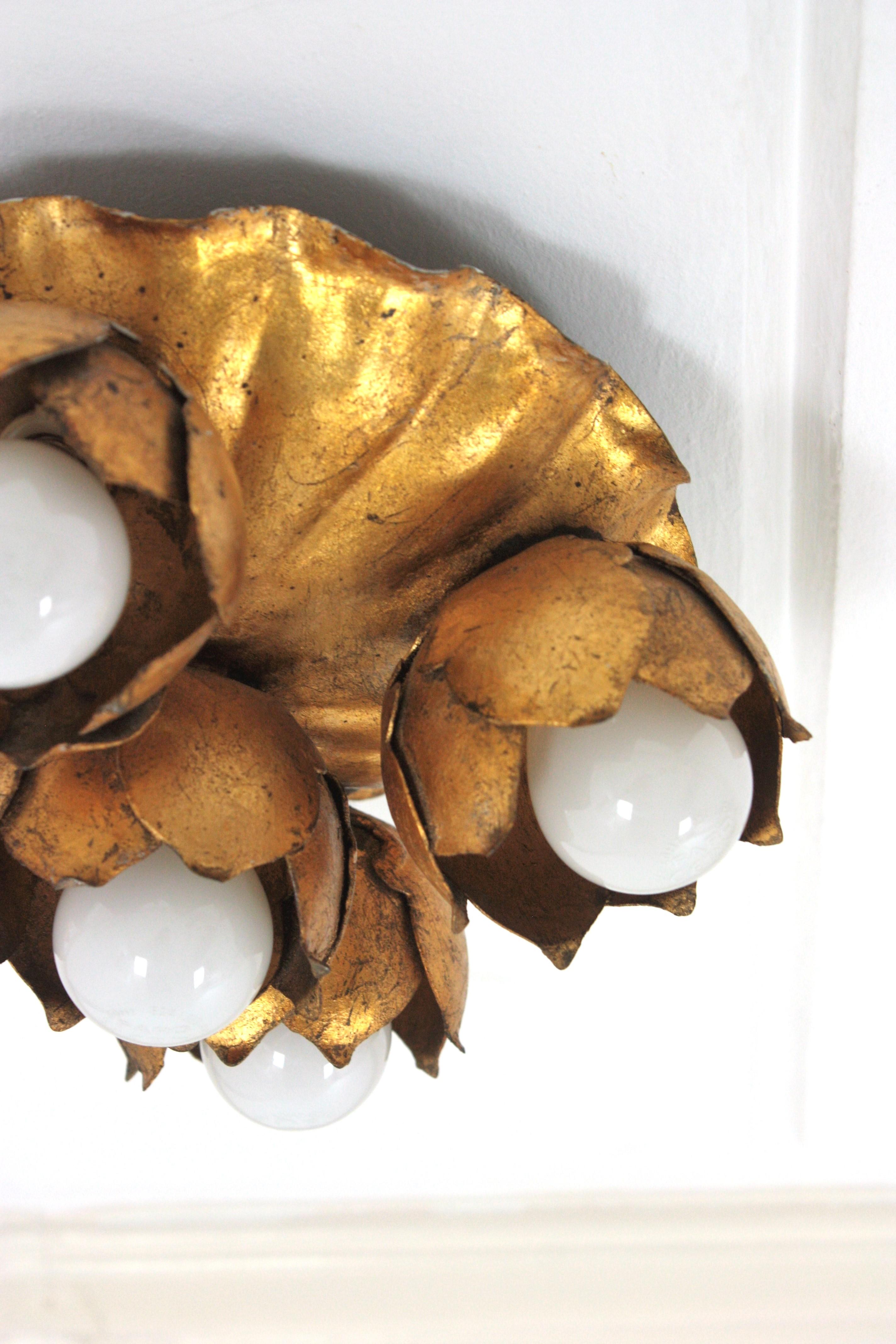 French Floral Flower Bouquet Light Fixture in Gilt Iron, Five Lights For Sale 2