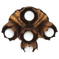 French Floral Flower Bouquet Light Fixture in Gilt Iron, Five Lights