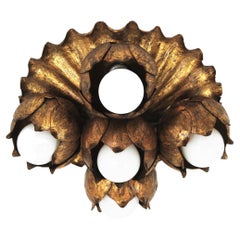 French Floral Flower Bouquet Light Fixture in Gilt Iron, Five Lights