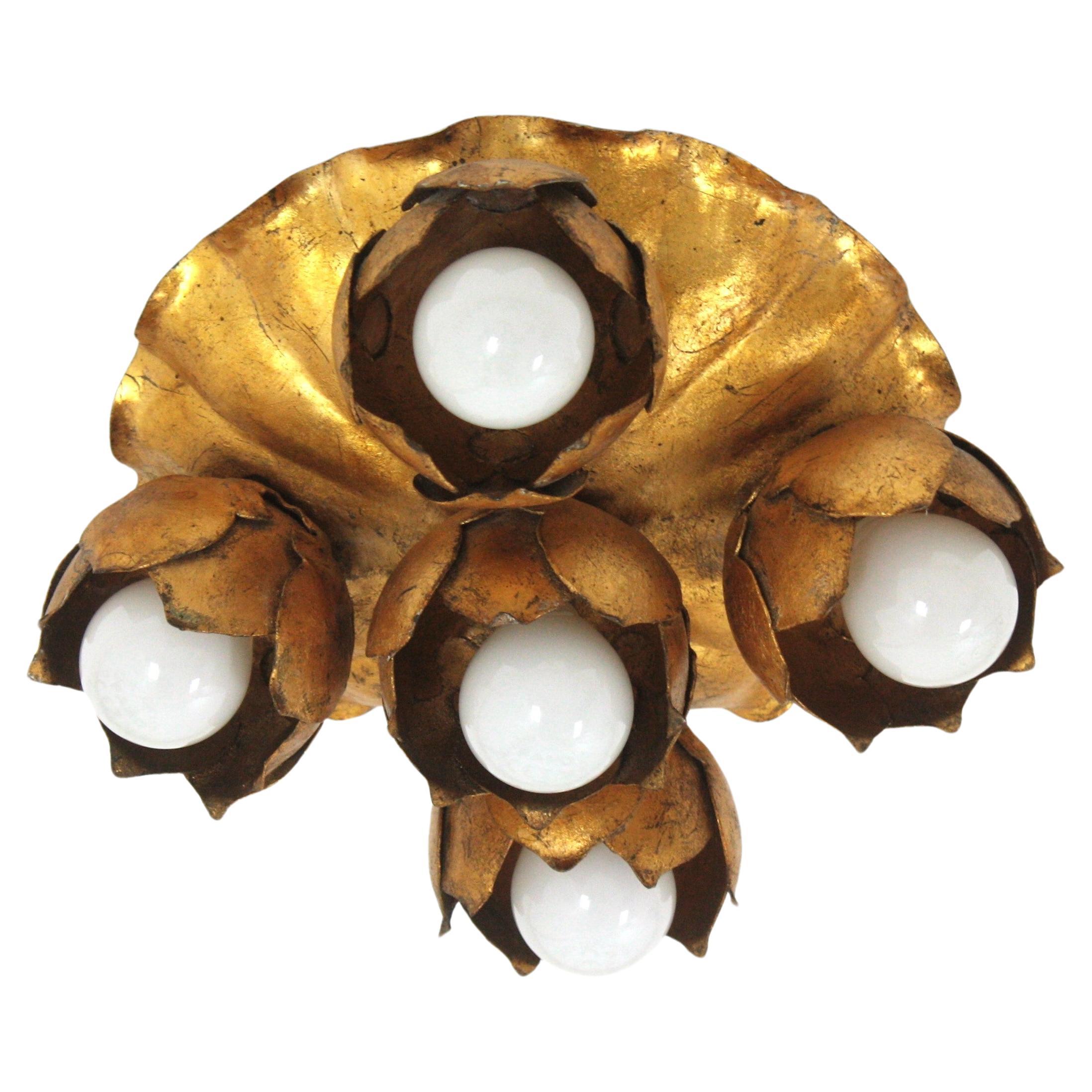 French Floral Flower Bouquet Light Fixture in Gilt Iron, Five Lights