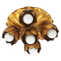 French Floral Flower Bouquet Light Fixture in Gilt Iron, Five Lights