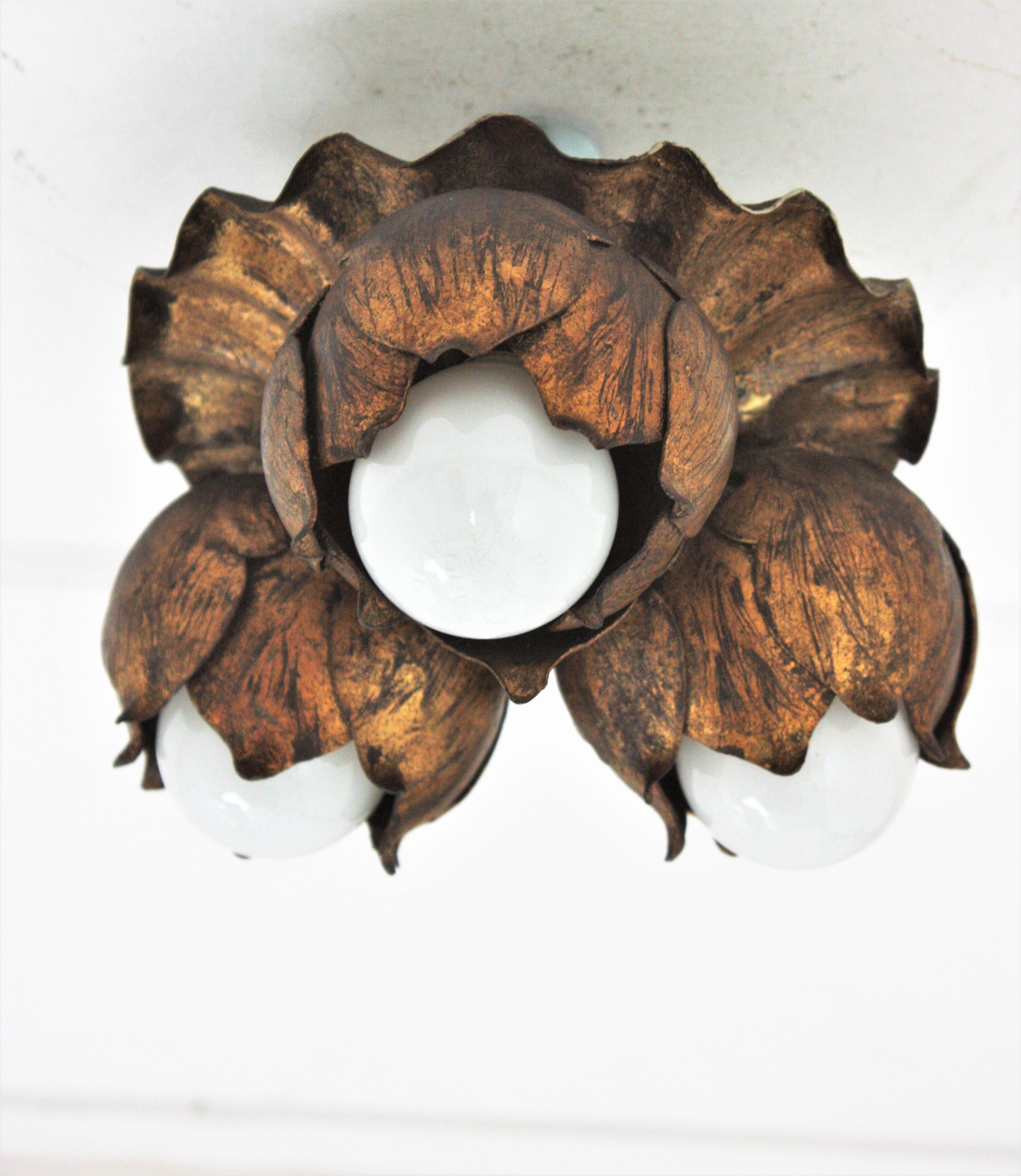 French Floral Flower Bouquet Wall or Ceiling Light Fixture in Gilt Iron  3