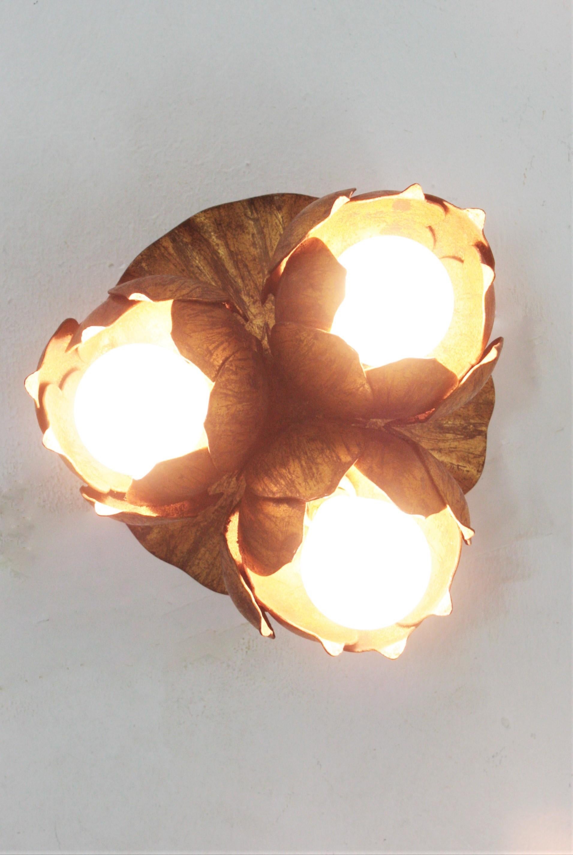 French Floral Flower Bouquet Wall or Ceiling Light Fixture in Gilt Iron 5