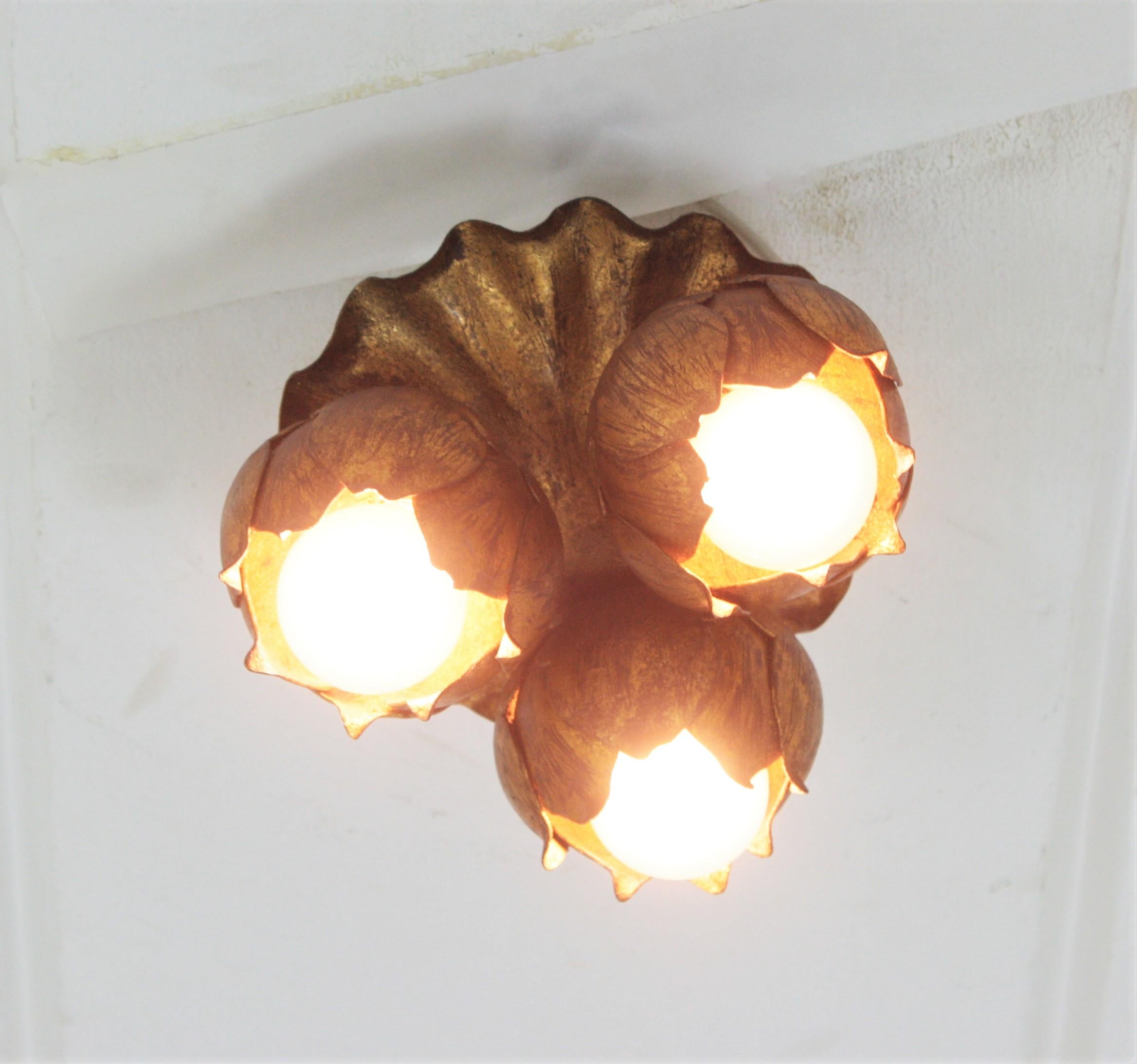 French Floral Flower Bouquet Wall or Ceiling Light Fixture in Gilt Iron  4