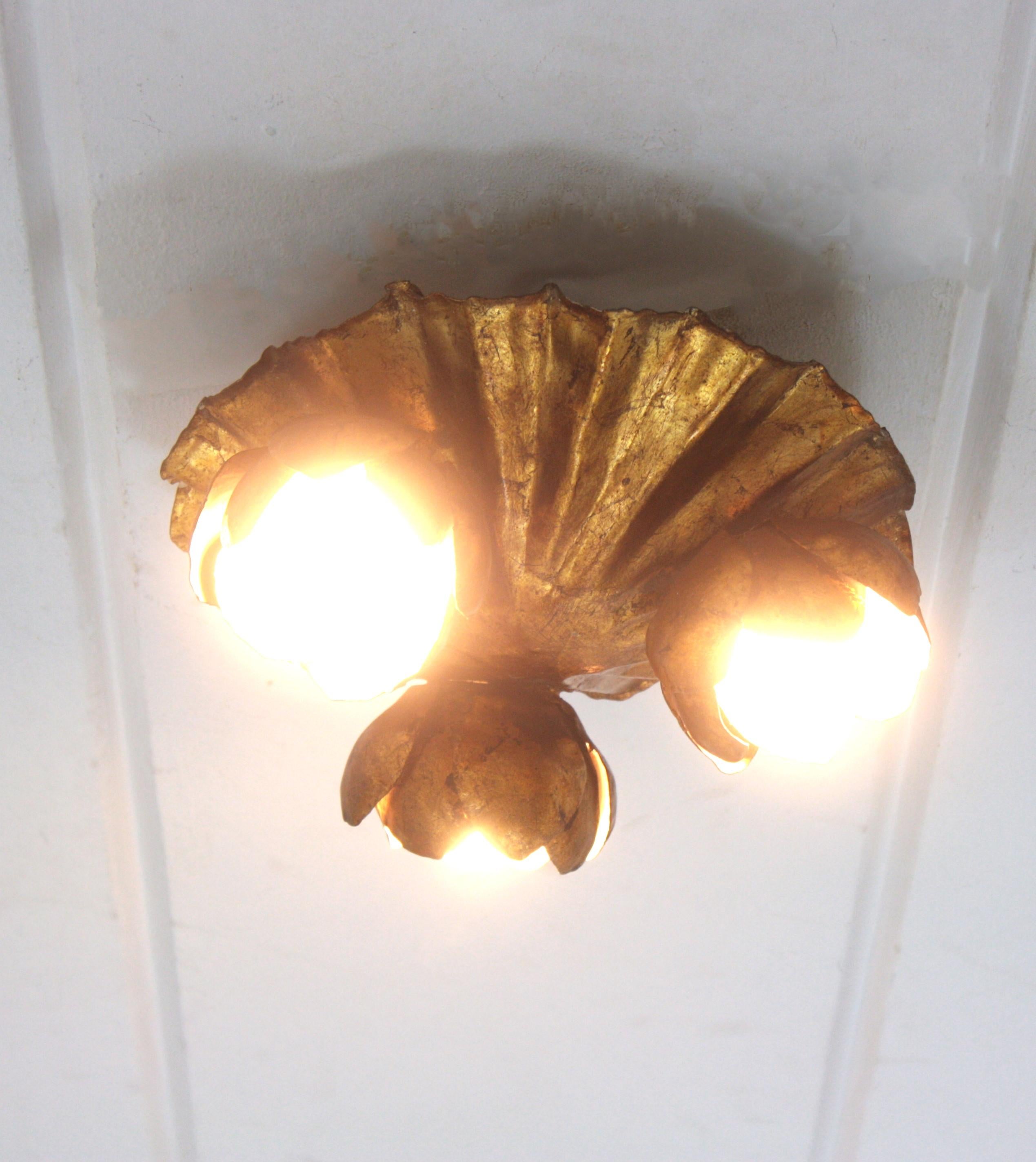 French Floral Flower Bouquet Wall or Ceiling Light Fixture in Gilt Iron  For Sale 12