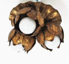 French Floral Flower Bouquet Wall or Ceiling Light Fixture in Gilt Iron
