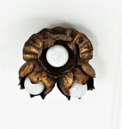 French Floral Flower Bouquet Wall or Ceiling Light Fixture in Gilt Iron