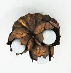 French Floral Flower Bouquet Wall or Ceiling Light Fixture in Gilt Iron