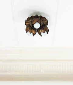 French Floral Flower Bouquet Wall or Ceiling Light Fixture in Gilt Iron