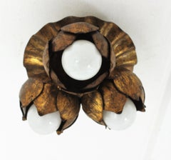 French Floral Flower Bouquet Wall or Ceiling Light Fixture in Gilt Iron