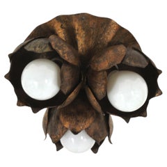 French Floral Flower Bouquet Wall or Ceiling Light Fixture in Gilt Iron