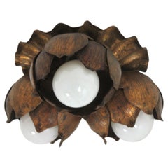 French Floral Flower Bouquet Wall or Ceiling Light Fixture in Gilt Iron