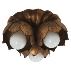 French Floral Flower Bouquet Wall or Ceiling Light Fixture in Gilt Iron