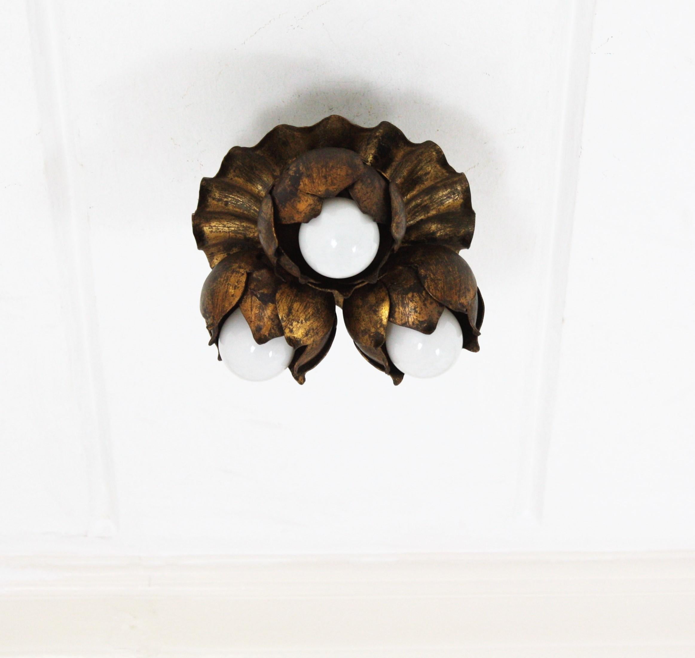 Hollywood Regency French Floral Flower Bouquet Wall or Ceiling Light Fixture in Gilt Iron
