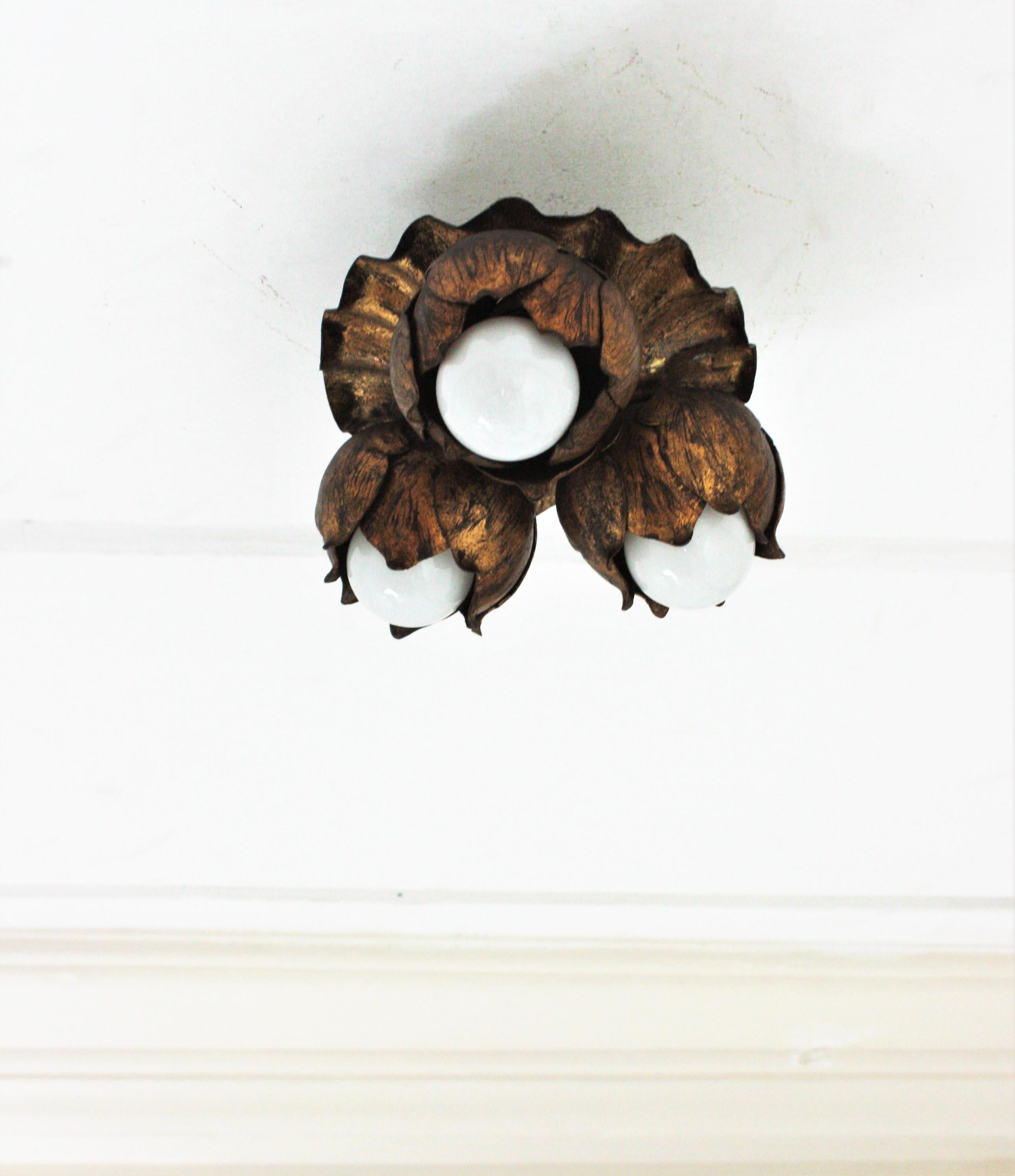 Hollywood Regency French Floral Flower Bouquet Wall or Ceiling Light Fixture in Gilt Iron 