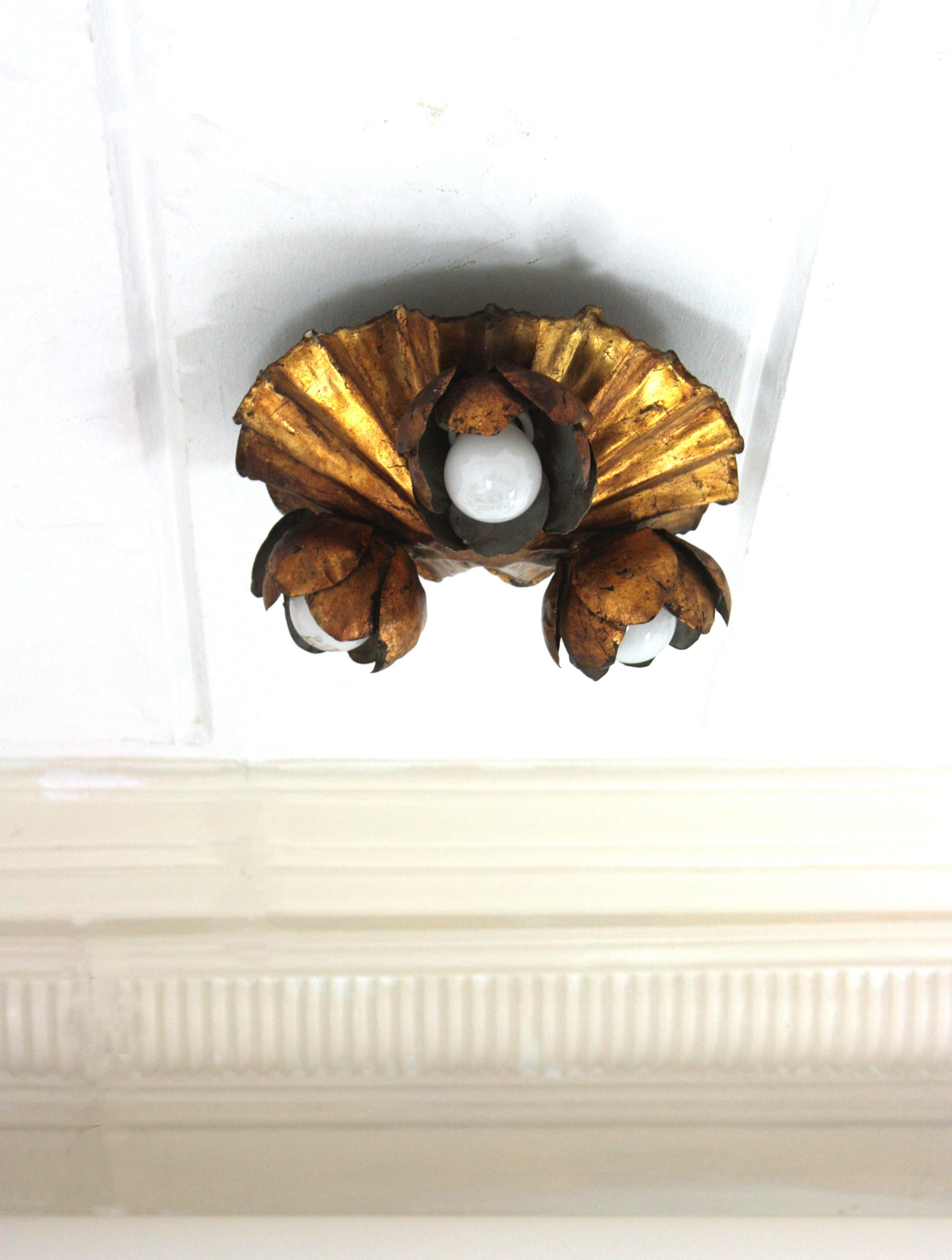 Hollywood Regency French Floral Flower Bouquet Wall or Ceiling Light Fixture in Gilt Iron  For Sale