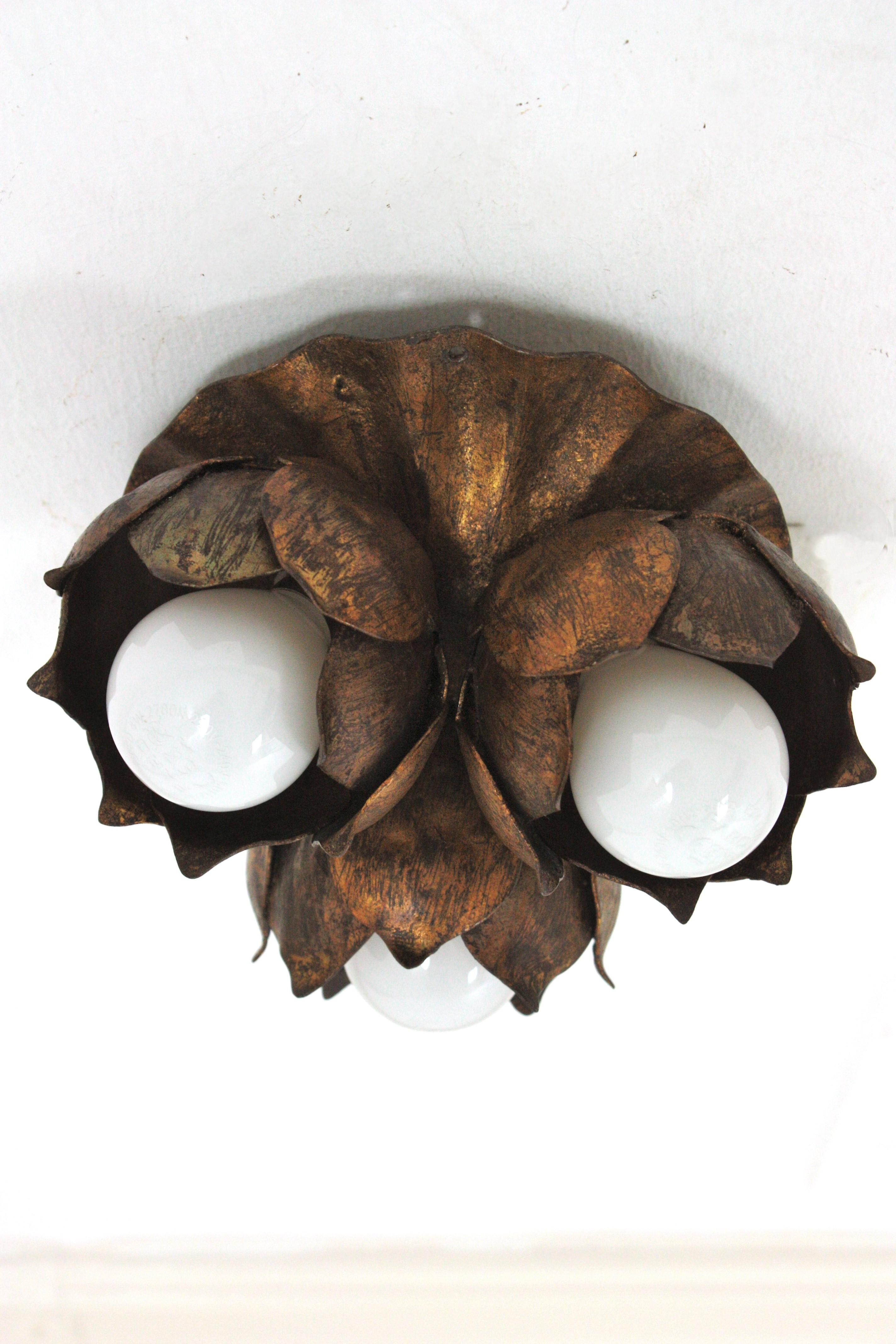 Hammered French Floral Flower Bouquet Wall or Ceiling Light Fixture in Gilt Iron