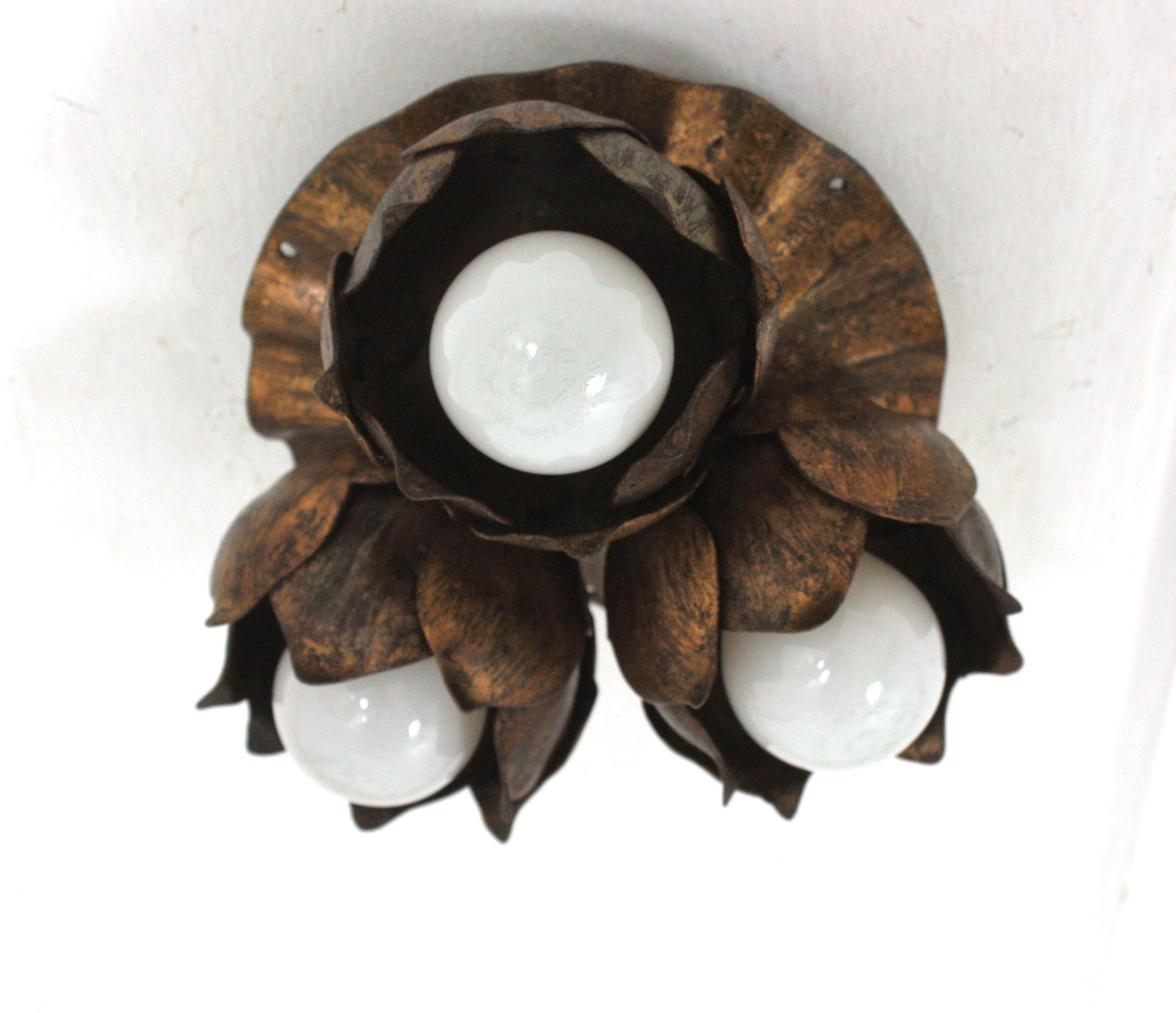 20th Century French Floral Flower Bouquet Wall or Ceiling Light Fixture in Gilt Iron For Sale