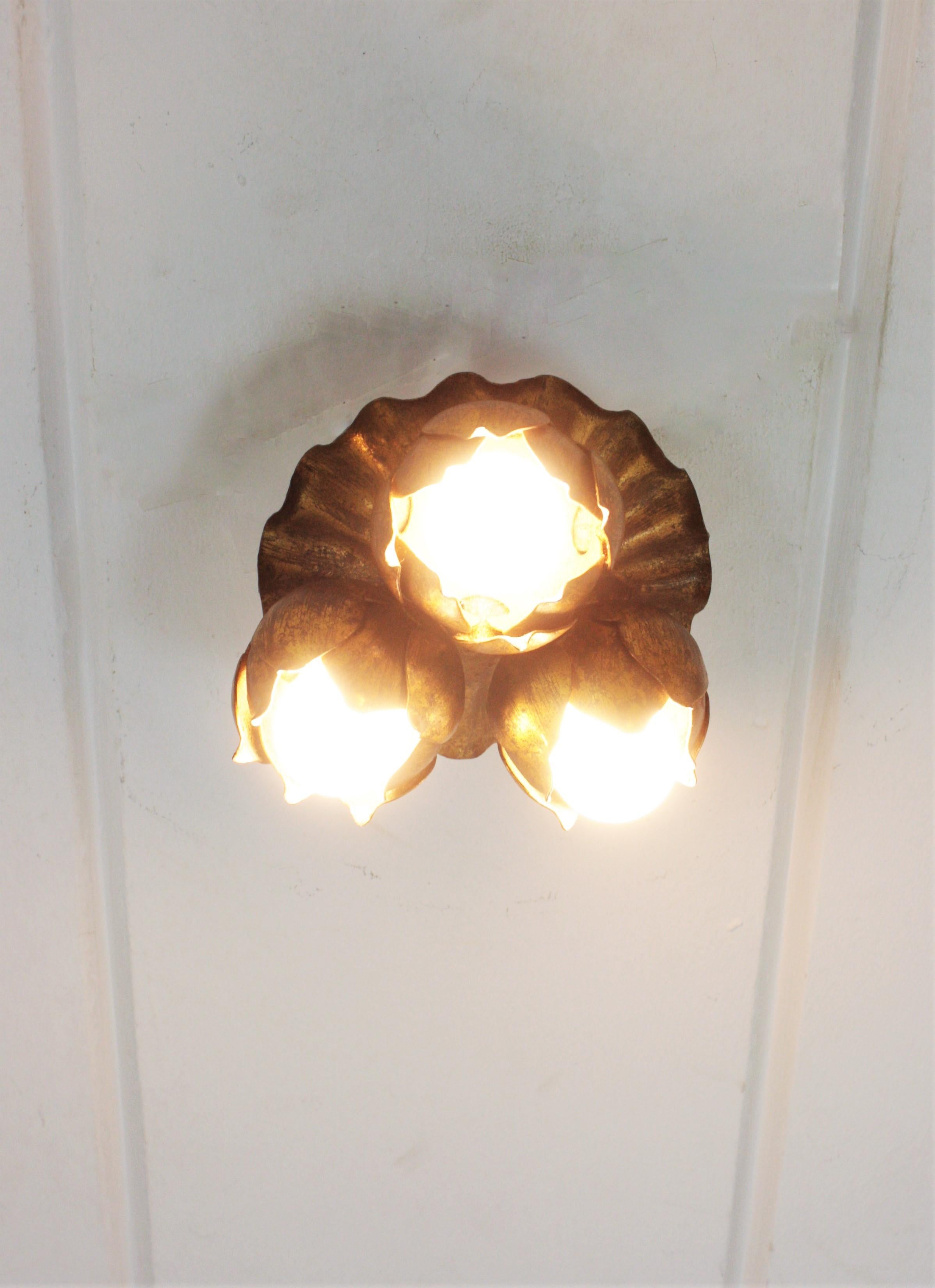 French Floral Flower Bouquet Wall or Ceiling Light Fixture in Gilt Iron 1