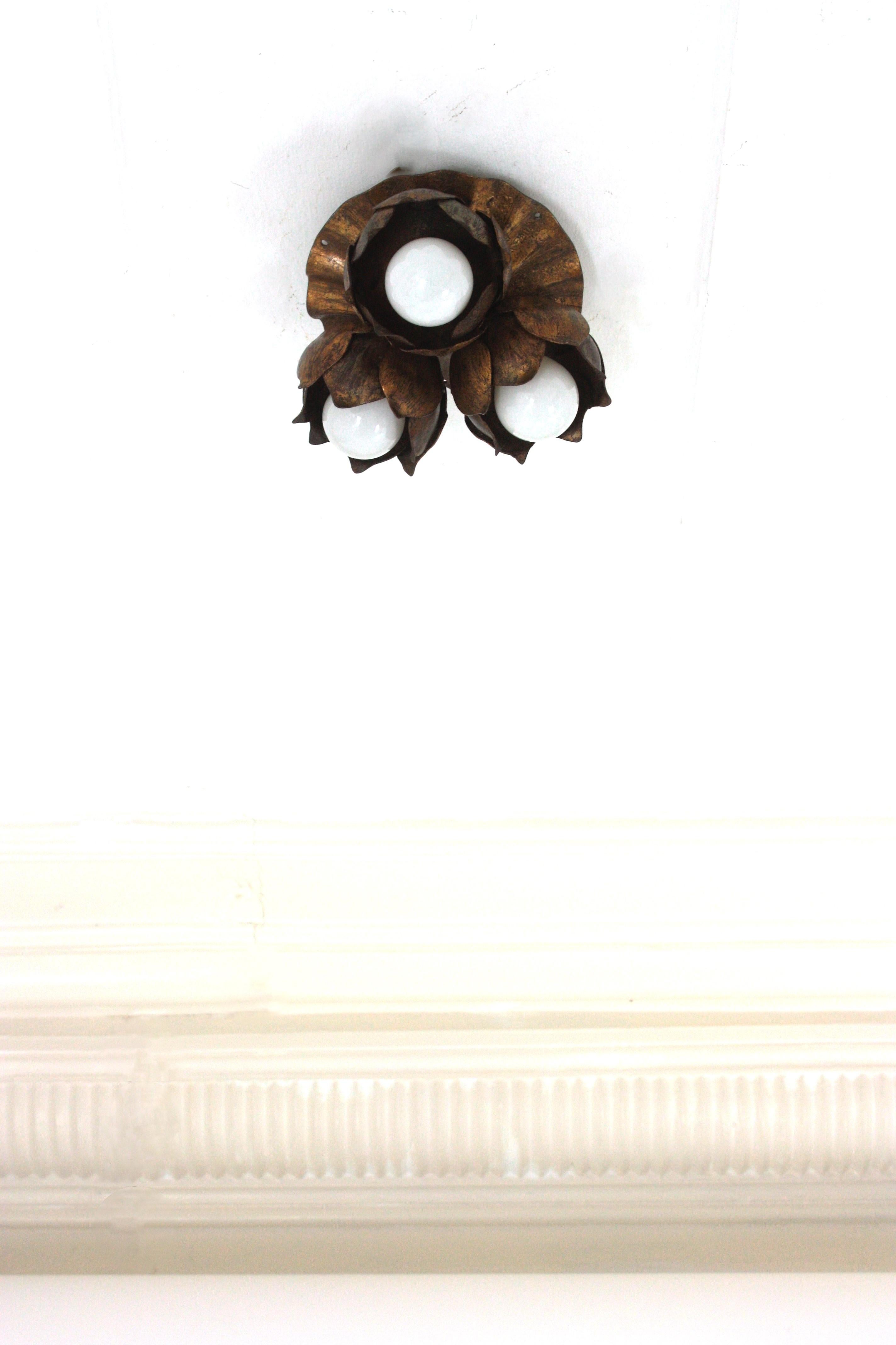 Metal French Floral Flower Bouquet Wall or Ceiling Light Fixture in Gilt Iron