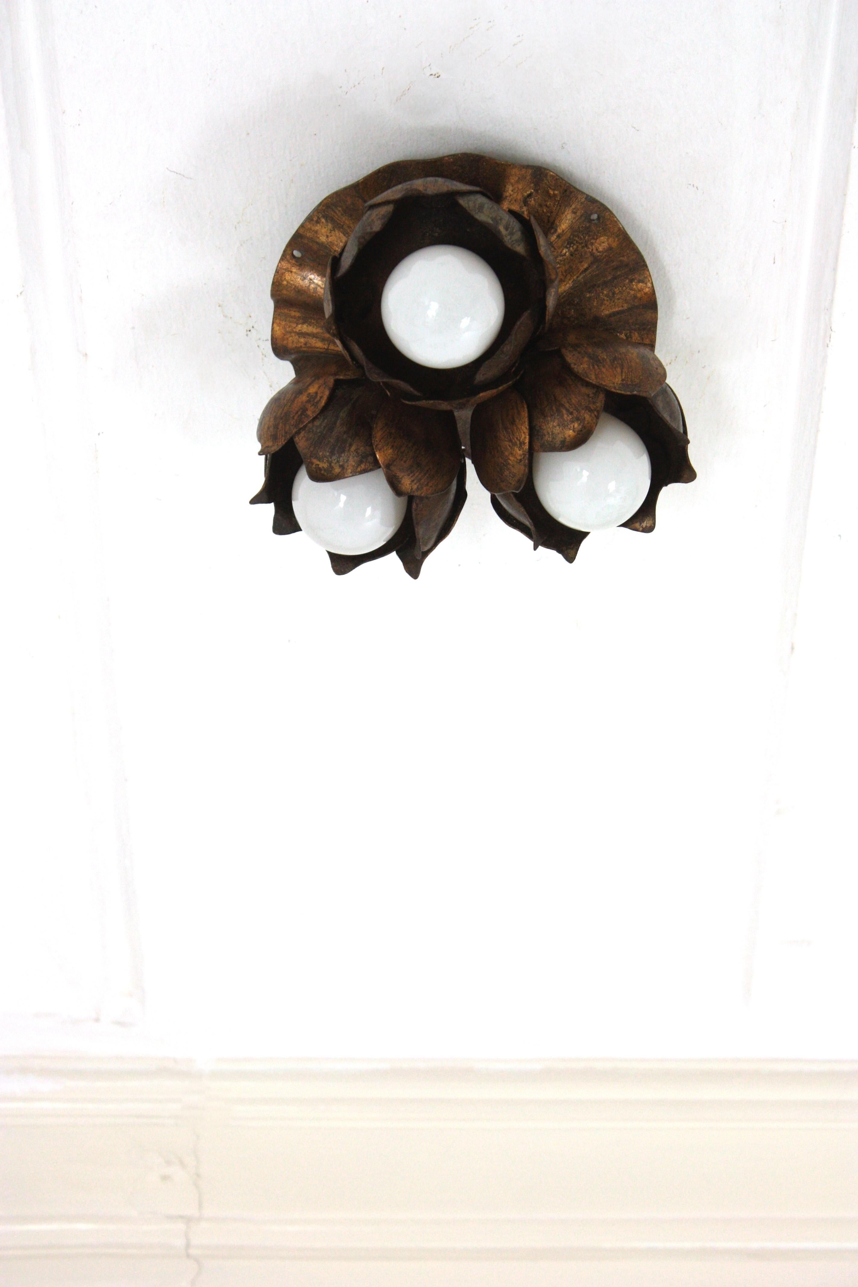 French Floral Flower Bouquet Wall or Ceiling Light Fixture in Gilt Iron 1