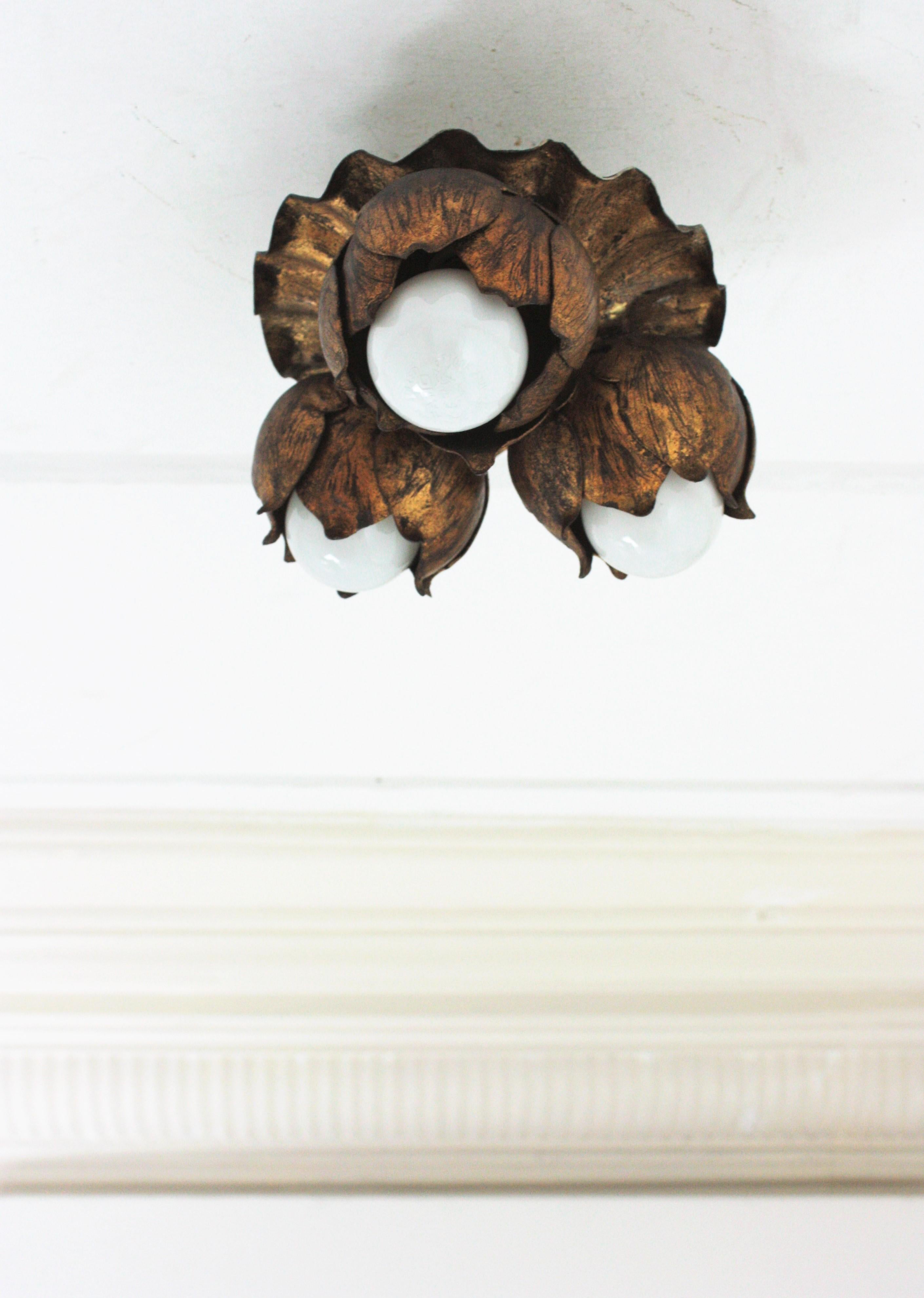French Floral Flower Bouquet Wall or Ceiling Light Fixture in Gilt Iron  2