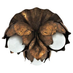 French Floral Flower Bouquet Wall or Ceiling Light Fixture in Gilt Iron