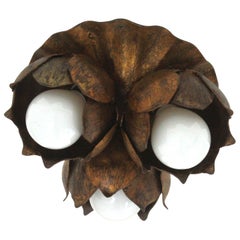 French Floral Flower Bouquet Wall or Ceiling Light Fixture in Gilt Iron